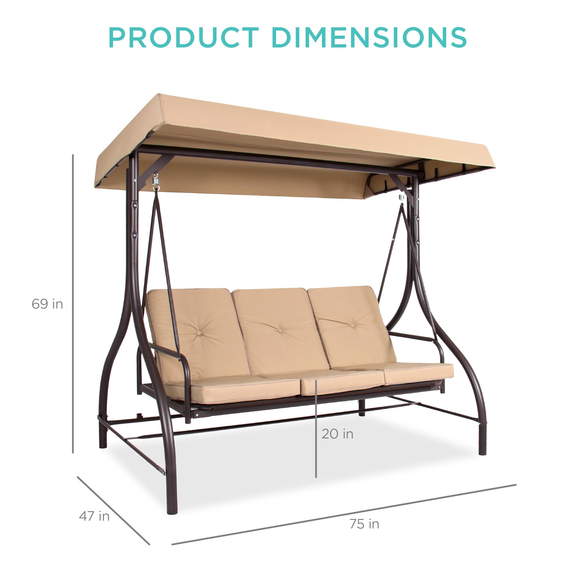 Best Choice Products 3-Seat Outdoor Canopy Swing Glider with Adjustable Shade & Removable Cushions - Patio Hammock Lounge Chair for Porch, Backyard, Garden - Perfect for Relaxing, Sunbathing & Outdoor Lounging