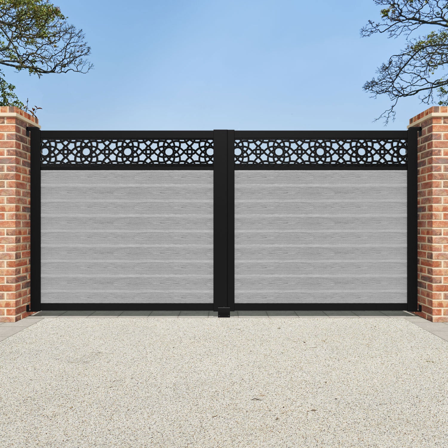 Classic Amber Straight Top Driveway Gate - Light Grey Finish with Top Screen - Perfect for Home Security & Driveway Entrance Enhancement