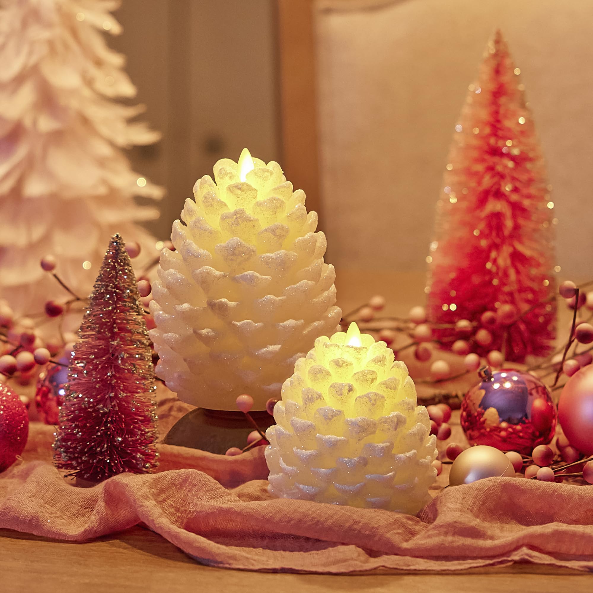 Luminara Flameless LED Candle - White Swan Glitter Pinecone Design with Snow Finish, Real Wax Unscented, Battery Operated with Timer, 4.7