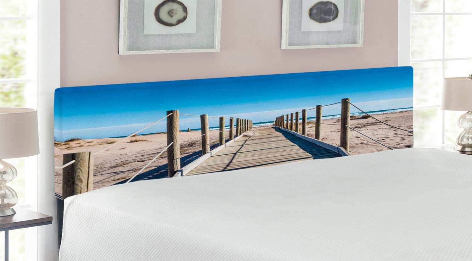Ambesonne King Size Upholstered Beach Headboard - Mediterranean Theme with Memory Foam, Cream Blue Decorative Metal Bed Headboard for Serene Bedroom Decor | Perfect for Coastal, Vacation or Summer Themed Bedrooms
