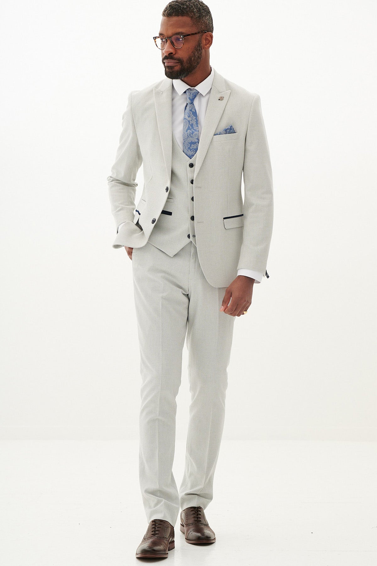 BROMLEY Men's Stone Check Three Piece Suit - Formal Business Attire for Weddings, Office & Special Occasions