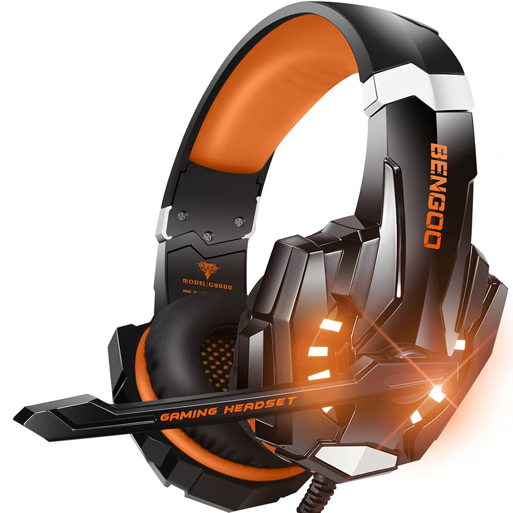 BENGOO G9000 Stereo Gaming Headset with Mic - Noise Cancelling Over-Ear Headphones for PS4, PC, Xbox One | LED Light, Bass Surround, Soft Memory Earmuffs (Orange) - Perfect for Gaming, Streaming & Online Meetings