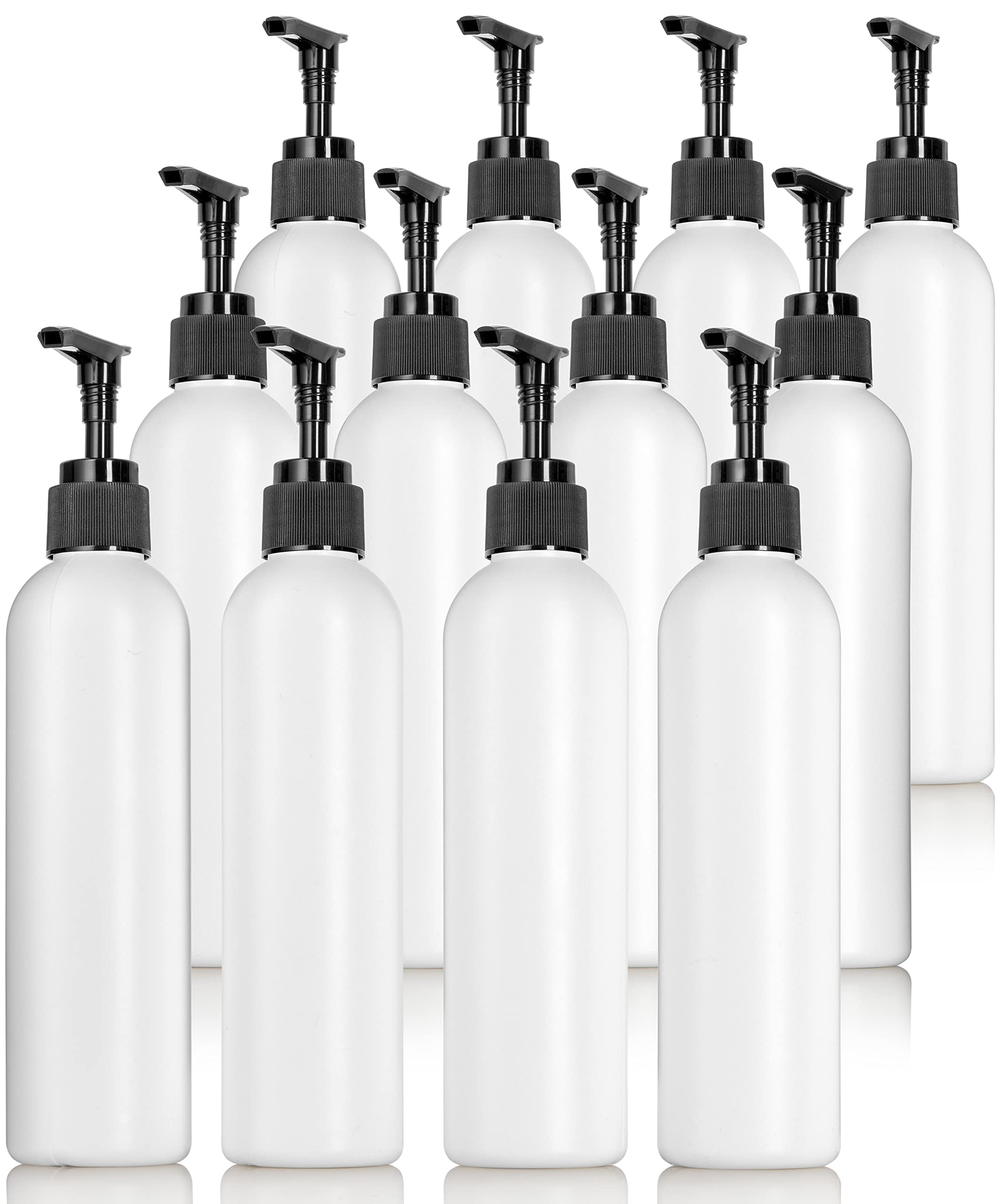 JUVITUS 4 oz White HDPE Plastic PET Slim Round Cosmetic Bottles with Black Lotion Pump (12 Pack) - Refillable Empty Containers for Lotion, Shampoo, Conditioner & Beauty Products Storage