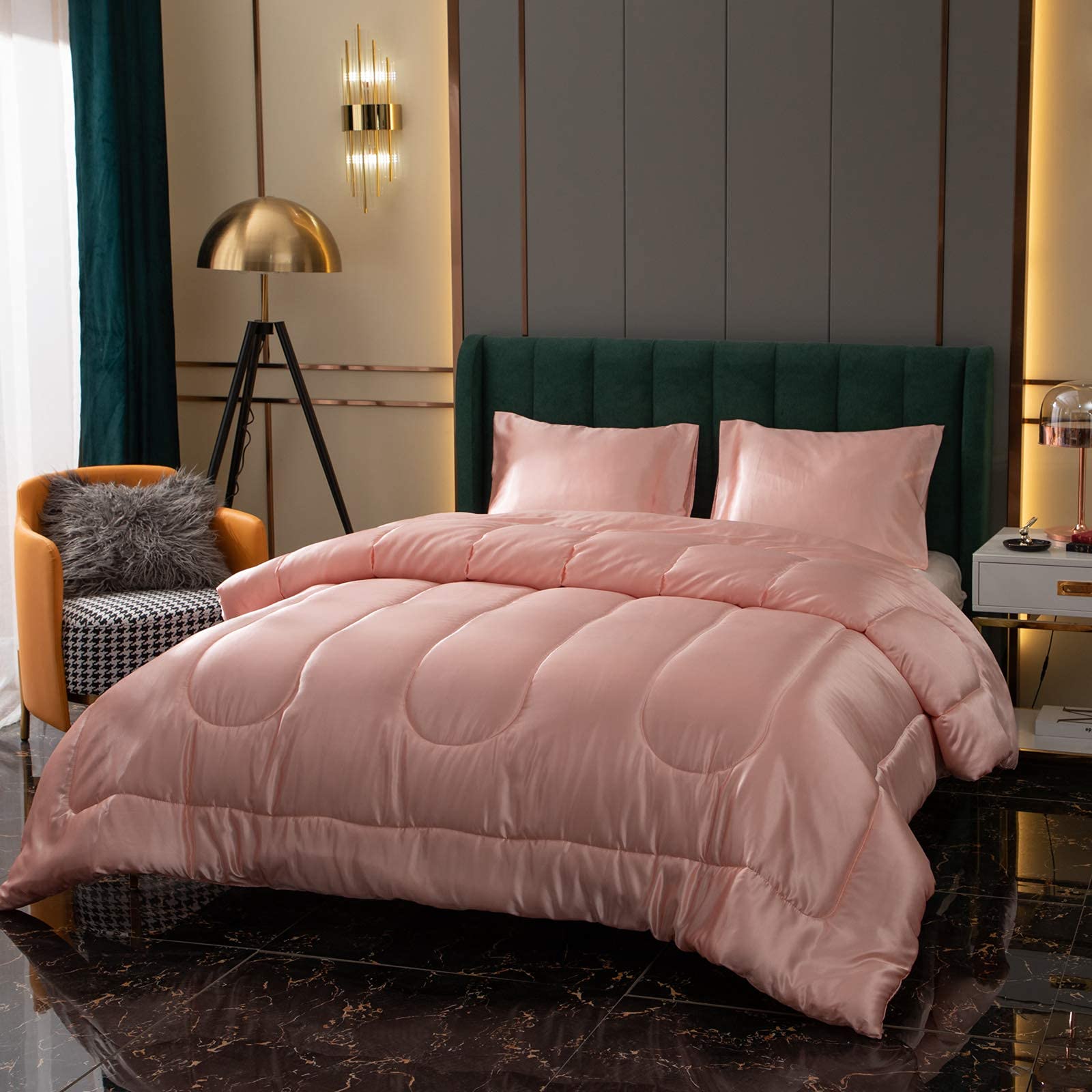 Luxury Pink Silk Satin Comforter Set - Twin Size with 1 Pillowcase, Soft Silky Polyester Filling, Solid Light Pink Bedding for Girls - Perfect for Cozy Bedrooms, Guest Rooms & Dorm Decor