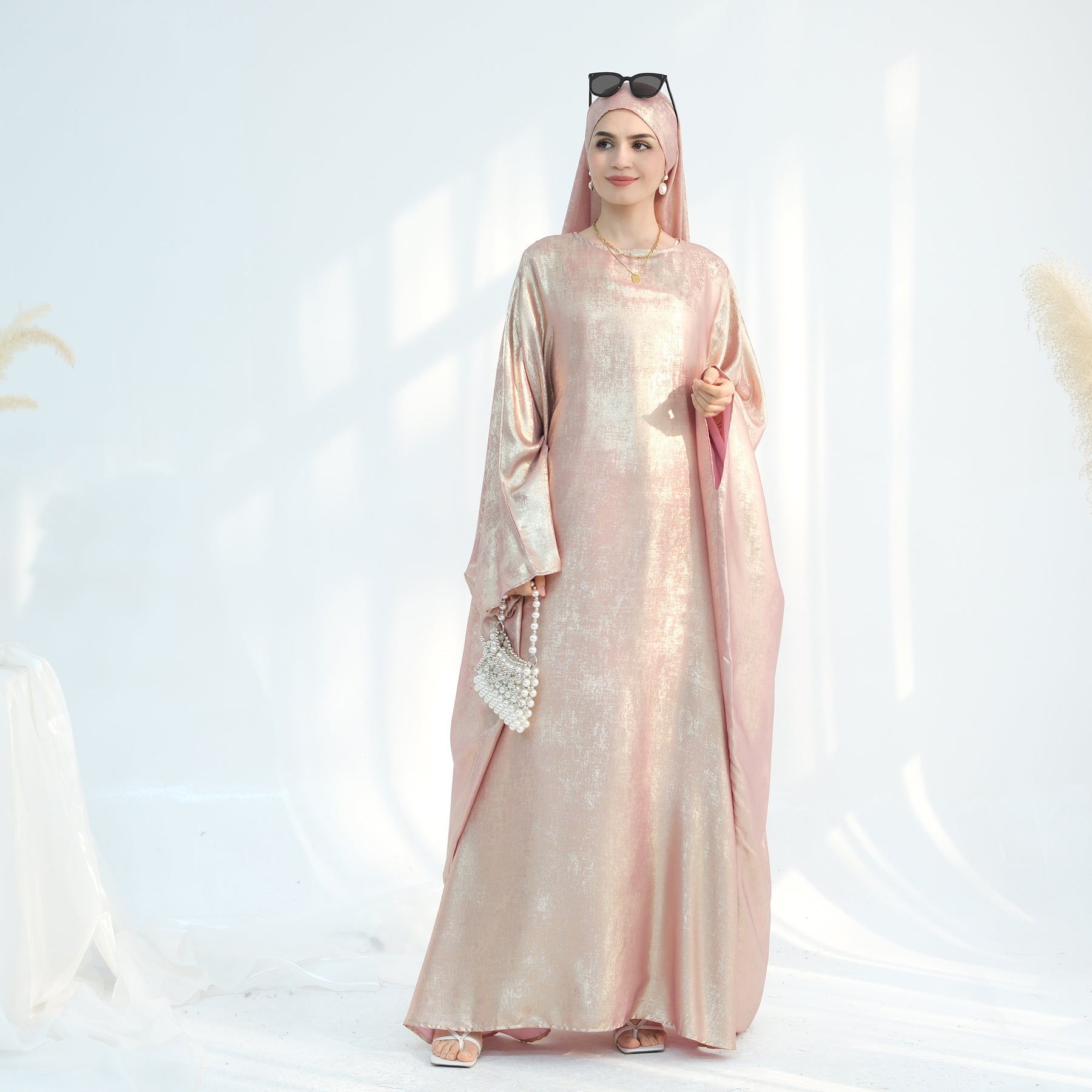 Linora Shimmer Butterfly Abaya Peach - Elegant Islamic Prayer Dress for Women | Perfect for Eid, Ramadan & Special Occasions