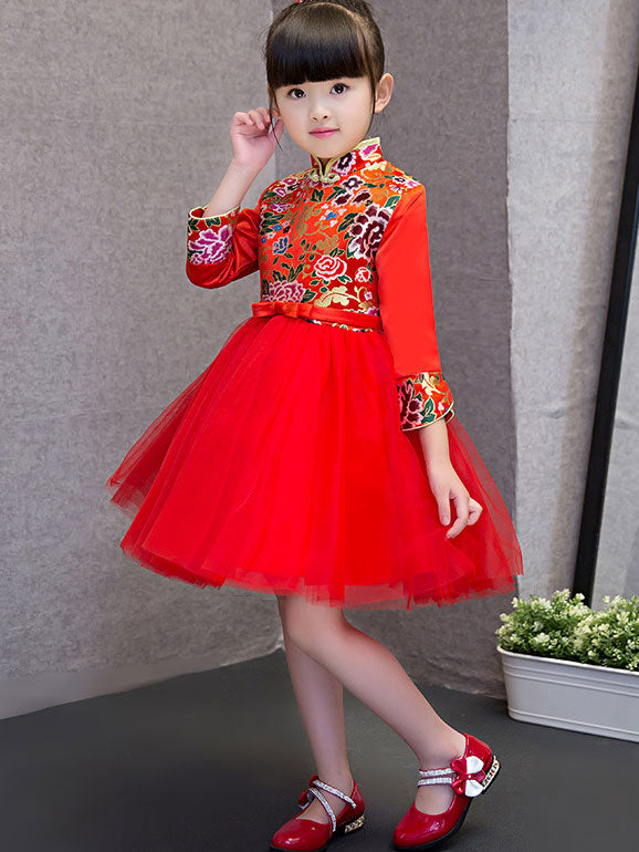Red Cheongsam Qipao Dress for Girls with Tulle Skirt - Traditional Chinese Dress for Kids - Perfect for Lunar New Year, Chinese Festivals & Cultural Events