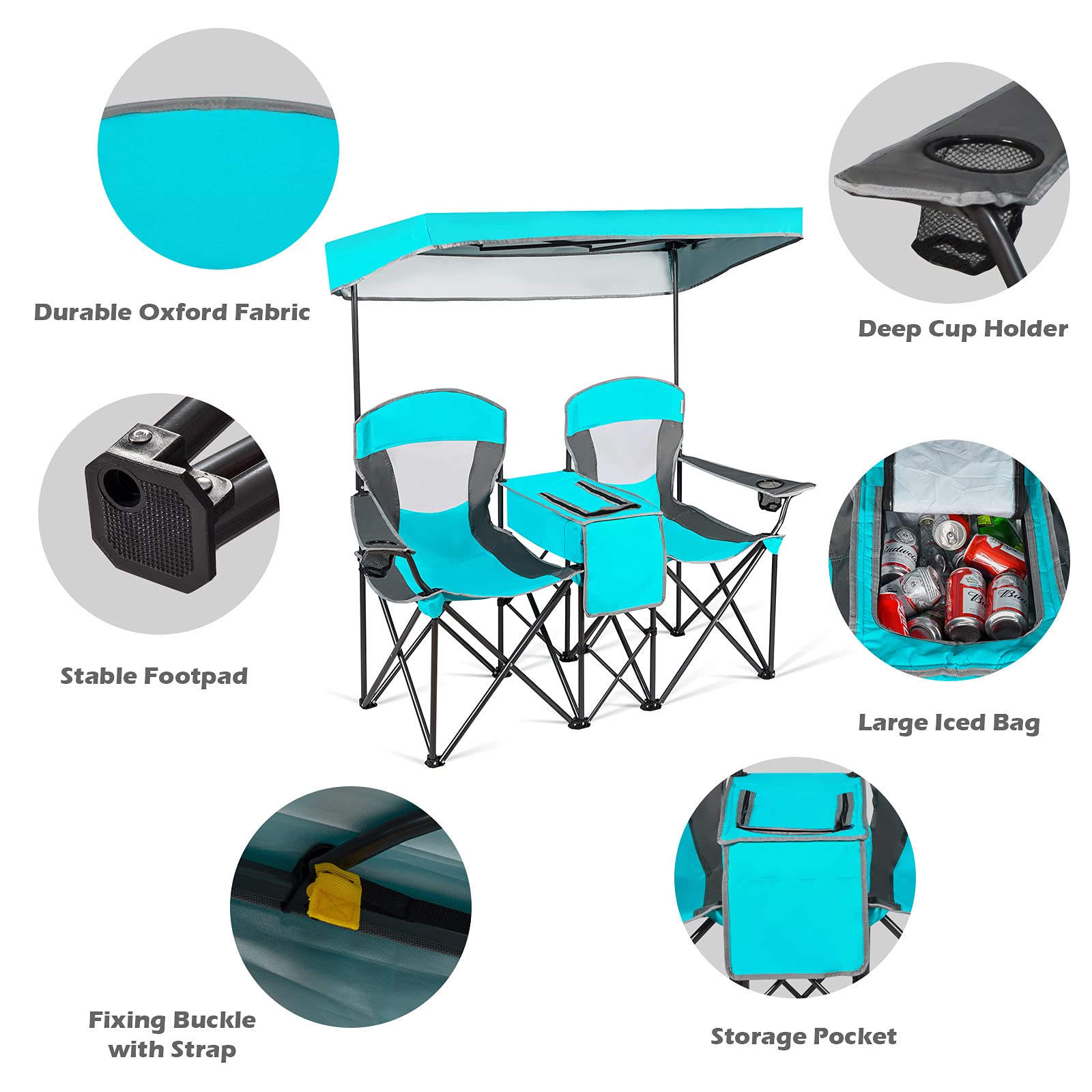 Goplus Double Beach Chair with Canopy Shade - Folding Lawn & Camping Chair with Sunshade, Mini Table, Beverage Holder & Carrying Bag - Perfect for Outdoor Travel, Hiking, Fishing, Poolside & Backyard Relaxation (Lake Blue)