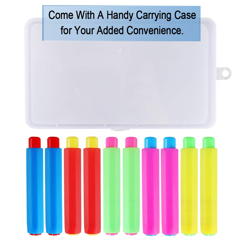 10 Pack Colorful Chalk Holders with Storage Case & 2 Dustless Wool Felt Chalkboard Erasers - Perfect for Teachers, Kids Classroom & Home Schooling Supplies