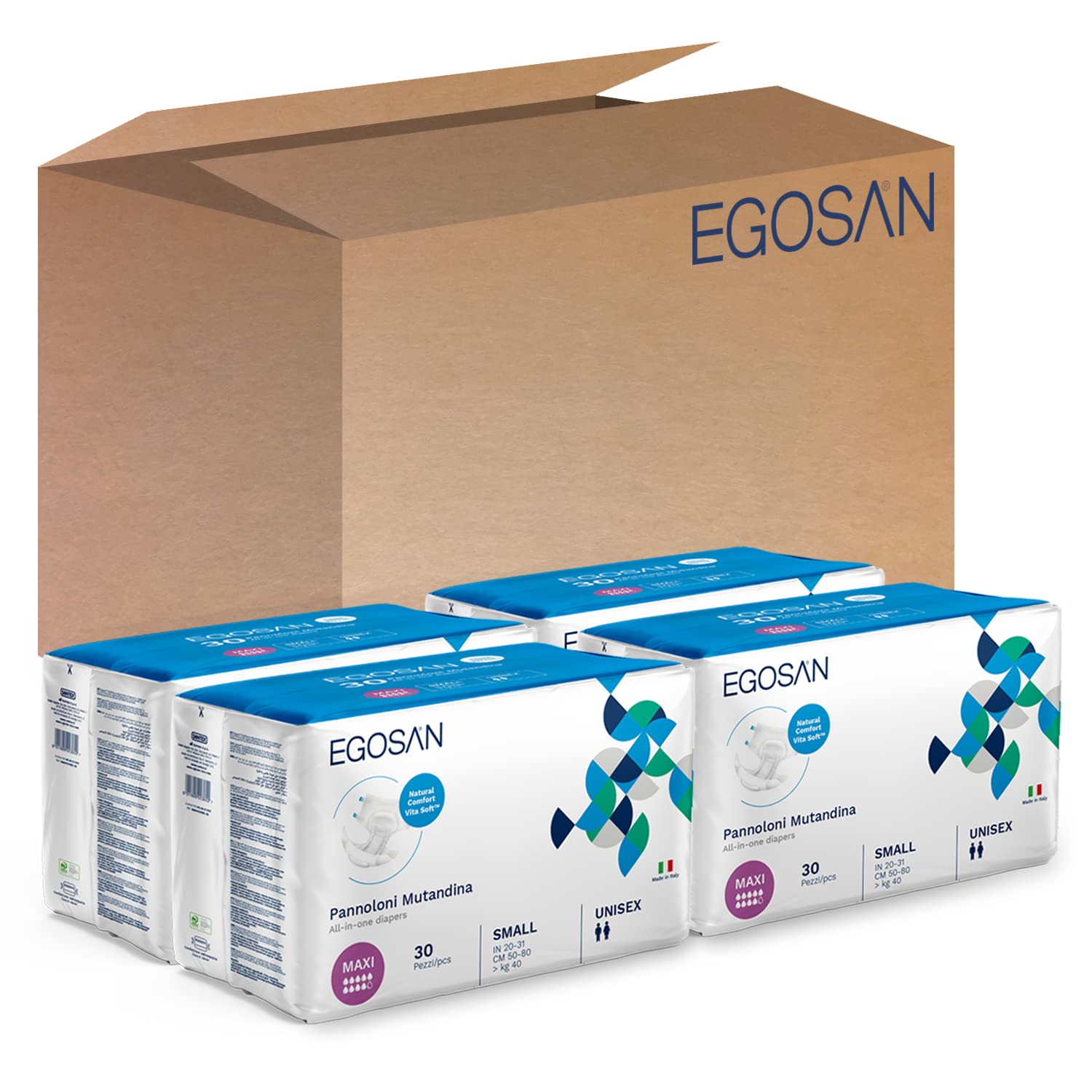 Egosan Maxi Incontinence Disposable Adult Diaper Briefs - Maximum Absorbency for Men & Women - Adjustable Tabs - Small Case (120 Count) - Ideal for Overnight Protection, Travel & Post-Surgery Care