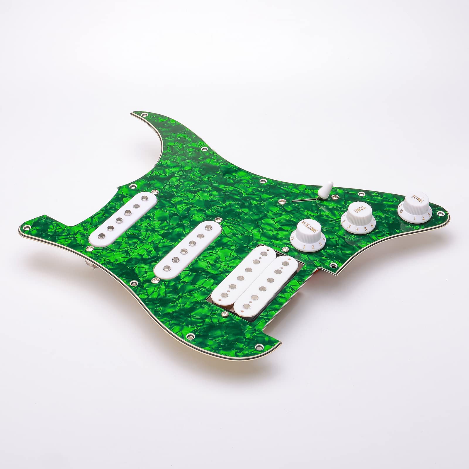 11-Hole Loaded Guitar Pickguard SSH with White Humbucker Pickup - Prewired Scratch Plate Set for Fender Stratocaster (4-Ply Green Pearl) - Includes Guitar Strings & Installation Tools - Perfect for Guitar Upgrades & DIY Repairs