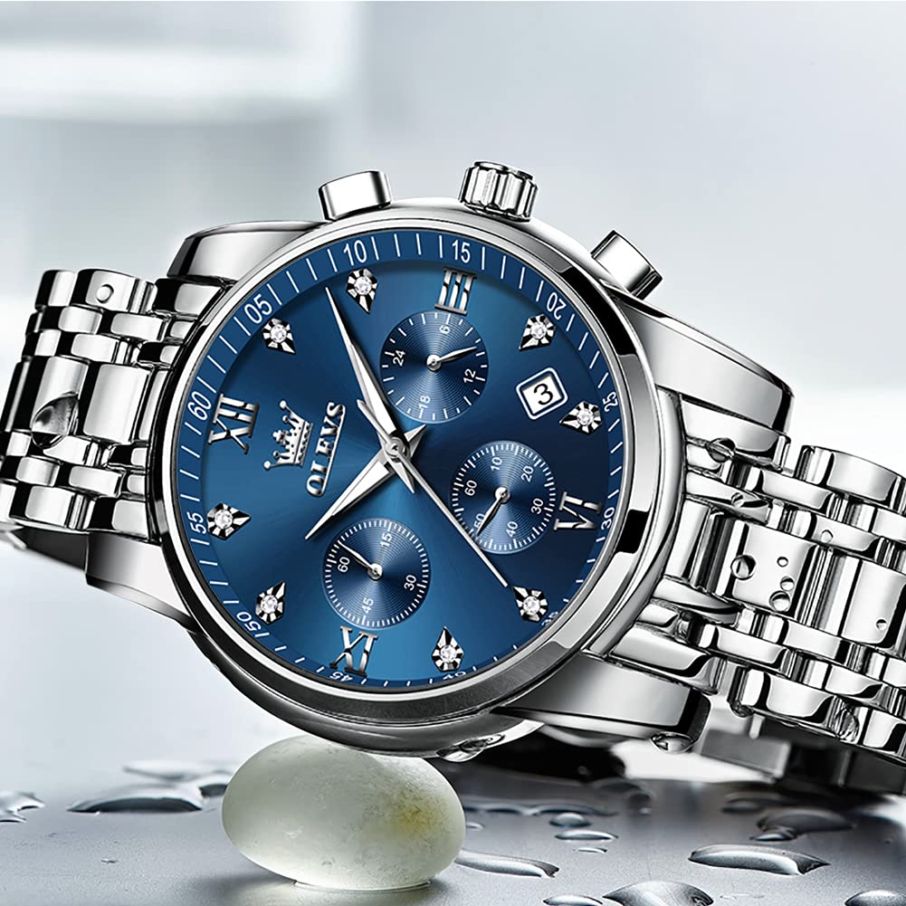 OLEVS Men's Multifunction Stainless Steel Watch - Waterproof Luminous Chronograph with Date Display, Classic Dress Watch for Business, Casual, Outdoor & Formal Occasions