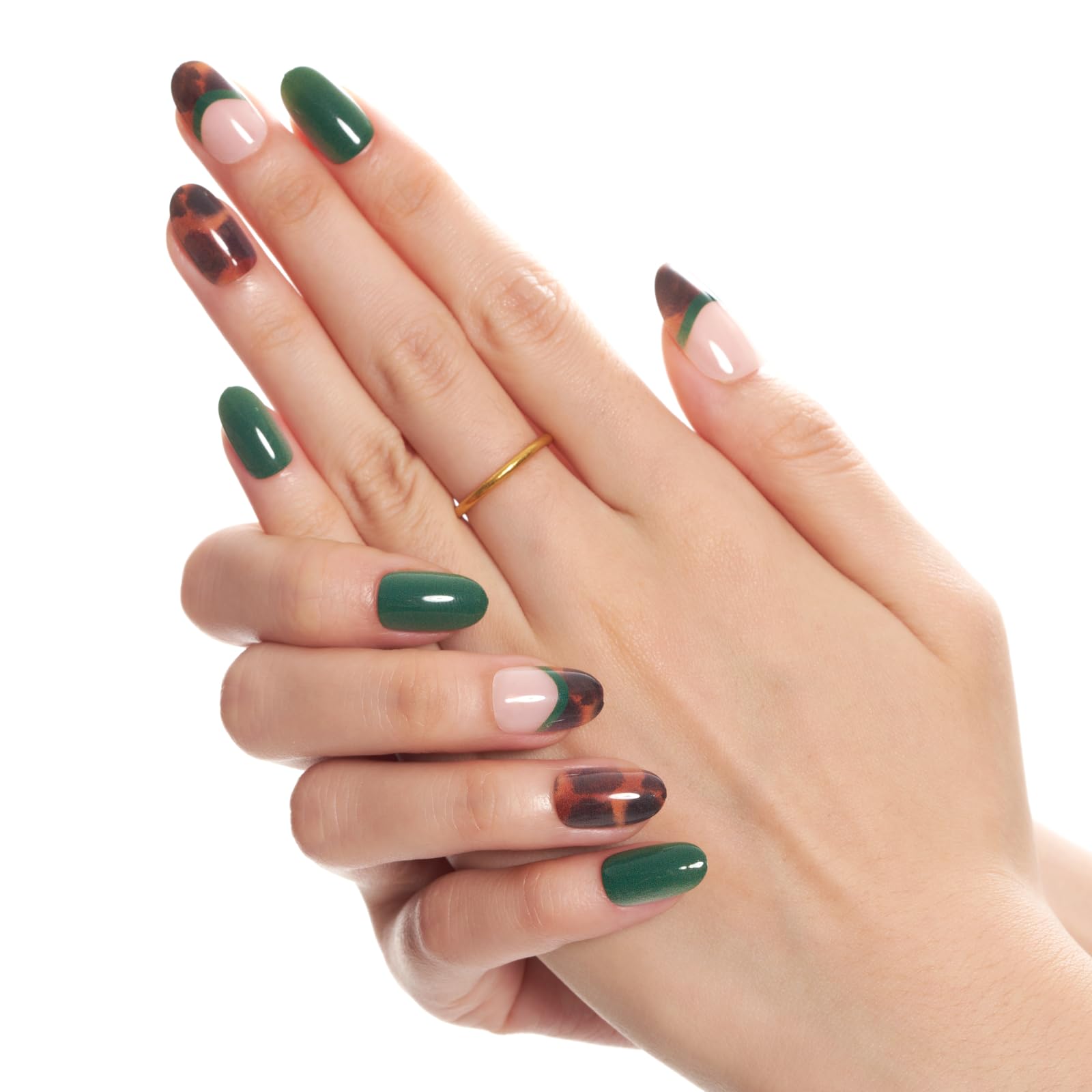 GLAMERMAID Short Almond Press-On Nails – Tortoiseshell Oval Fake Nails in Green, Brown & Amber French Tip Design | Marble Medium False Nails with UV Glossy Acrylic Finish | Easy Glue-On Nail Kits for Everyday Wear, Parties & Special Occasions