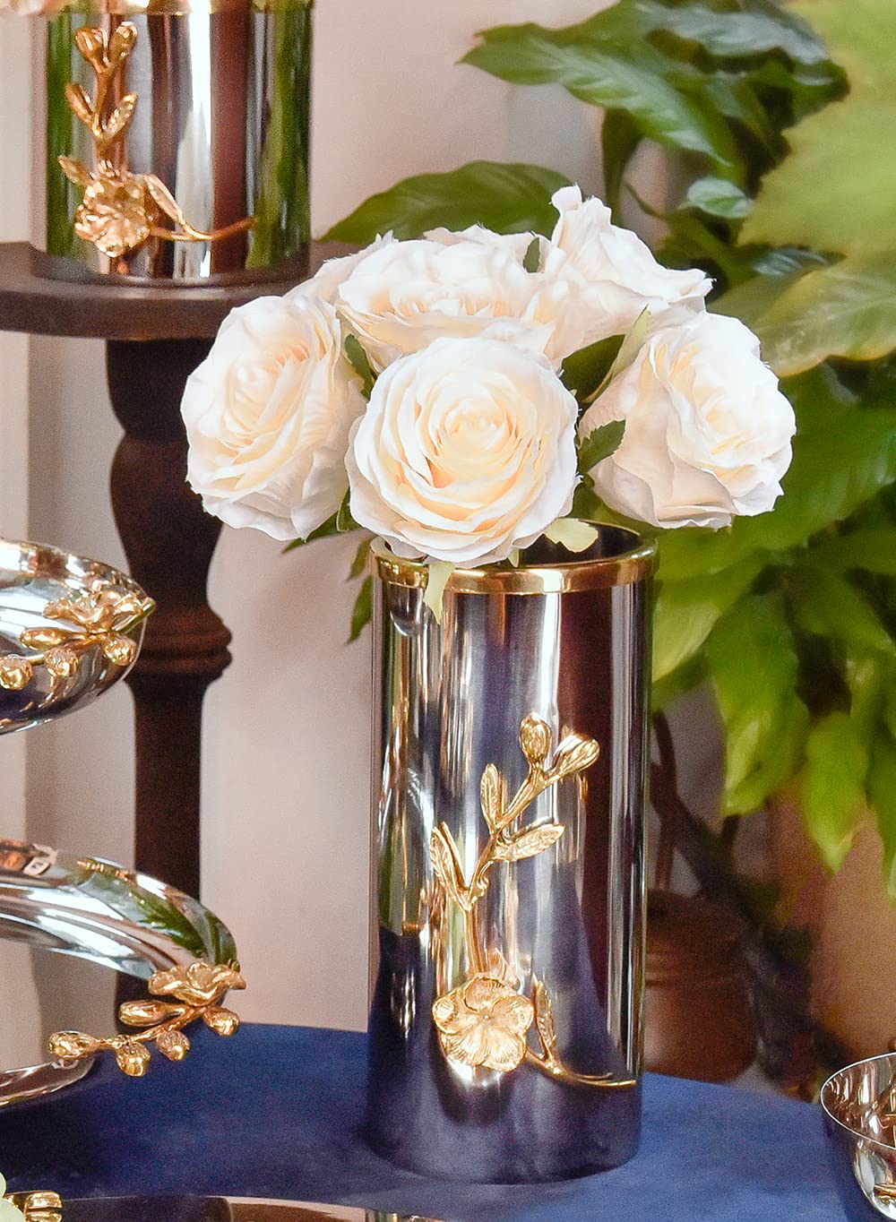 Serene Spaces Living Orchid Stem Tall Vase with Gold Rim & Silver Accents - 9.25