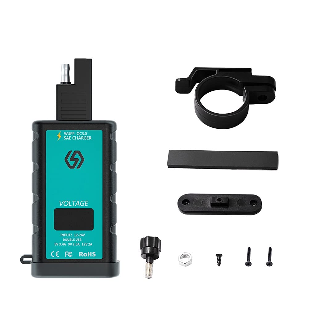Fast Charging Dual USB & Type-C Car Charger Adapter with Voltmeter - 12V-24V SAE Socket & Button Switch for Cars, Trucks, Motorcycles | Perfect for Road Trips & Mobile Device Charging On-The-Go