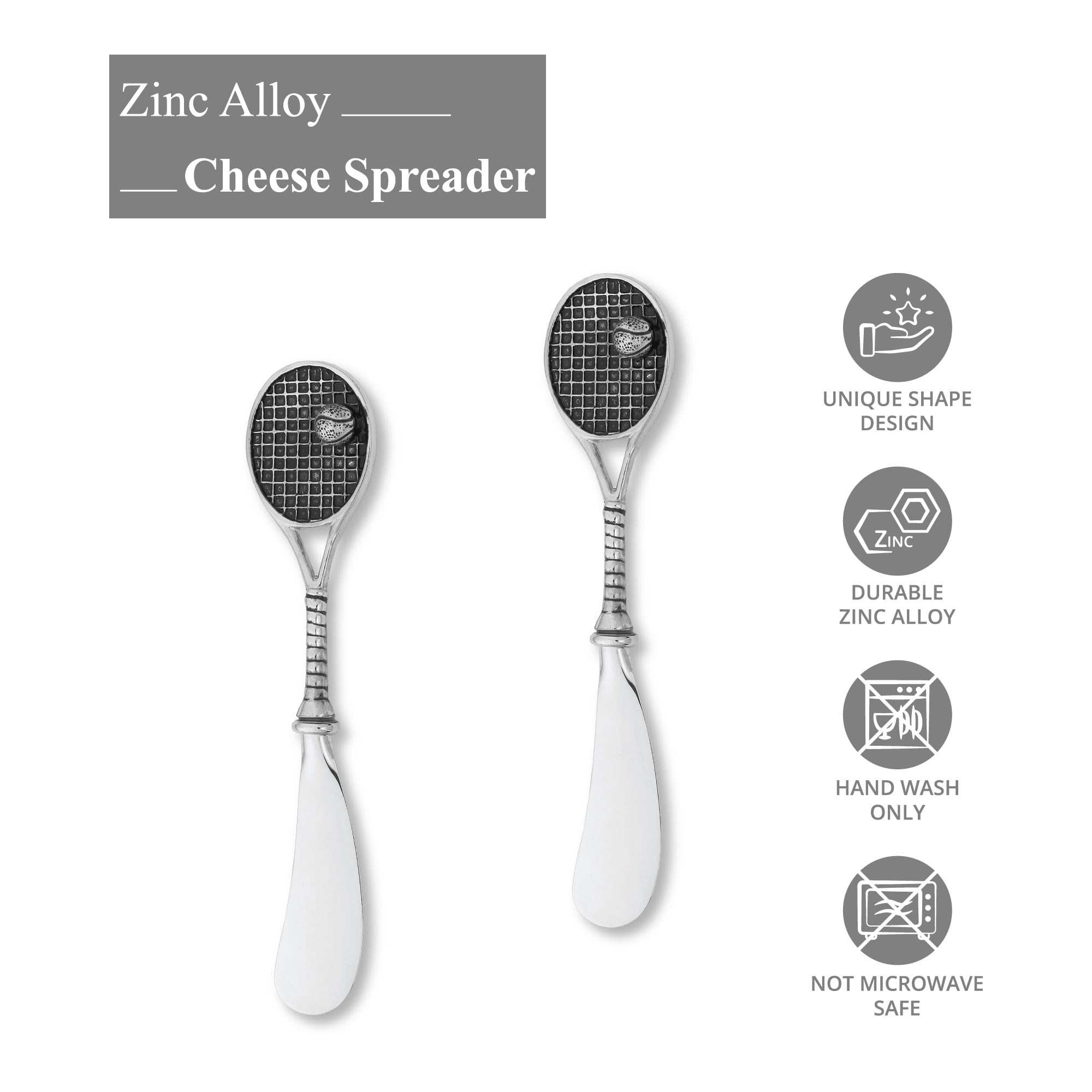 Premium 2-Piece Zinc Alloy Cheese and Butter Spreader Knife Set - Tennis Racquet Design for Elegant Cheese Platters & Charcuterie Boards | Perfect for Dinner Parties, Wine Tasting & Gourmet Entertaining