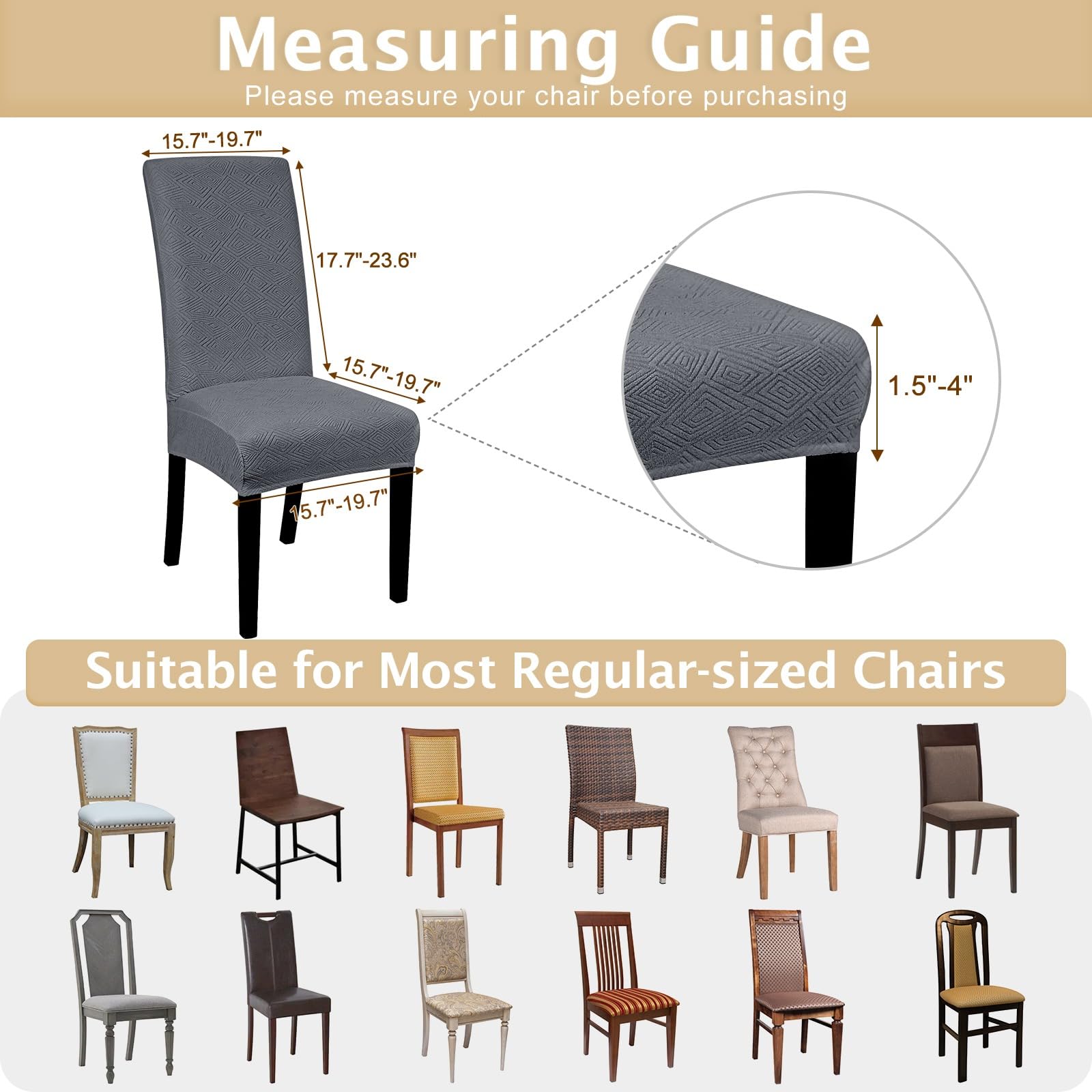 Stretchable Jacquard Dining Room Chair Covers Set of 6 - Washable Parsons Chair Slipcovers, Removable Kitchen Chair Protectors for Home, Hotel & Wedding Ceremony (Grey) - Perfect for Dining Room Decor, Restaurant Seating & Event Furniture Protection