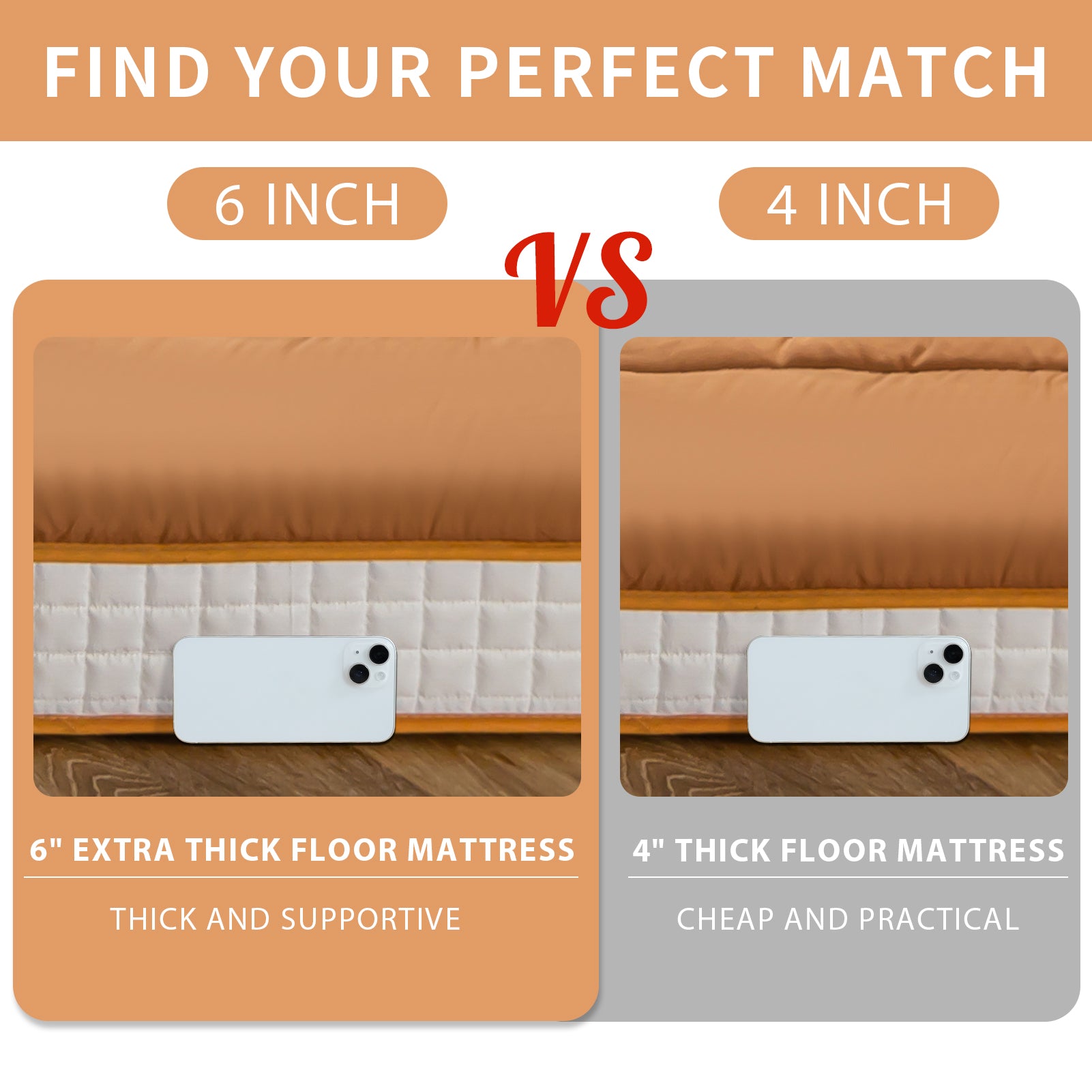 MAXYOYO 6-Inch Extra Thick Floor Futon Mattress - Light Brown | Foldable Guest Bed & Floor Cushion for Small Spaces, Dorm Rooms & Camping