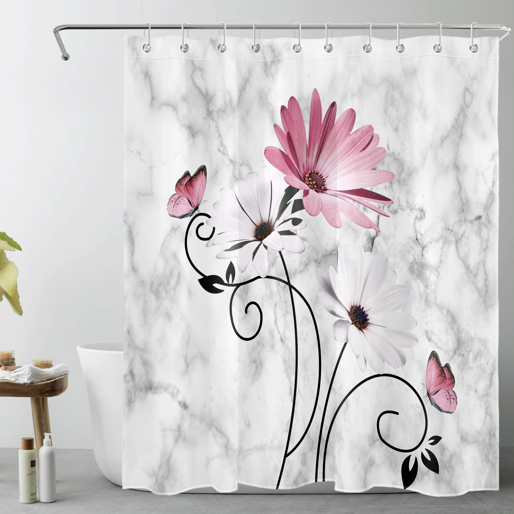 LB Pink Daisy Shower Curtain for Bathroom - Butterfly & White Floral Design on Grey Marble Fabric with Hooks, Farmhouse Country Style Bathroom Decor, 60x72 Inches - Perfect for Vintage, Cottage & Modern Bathrooms