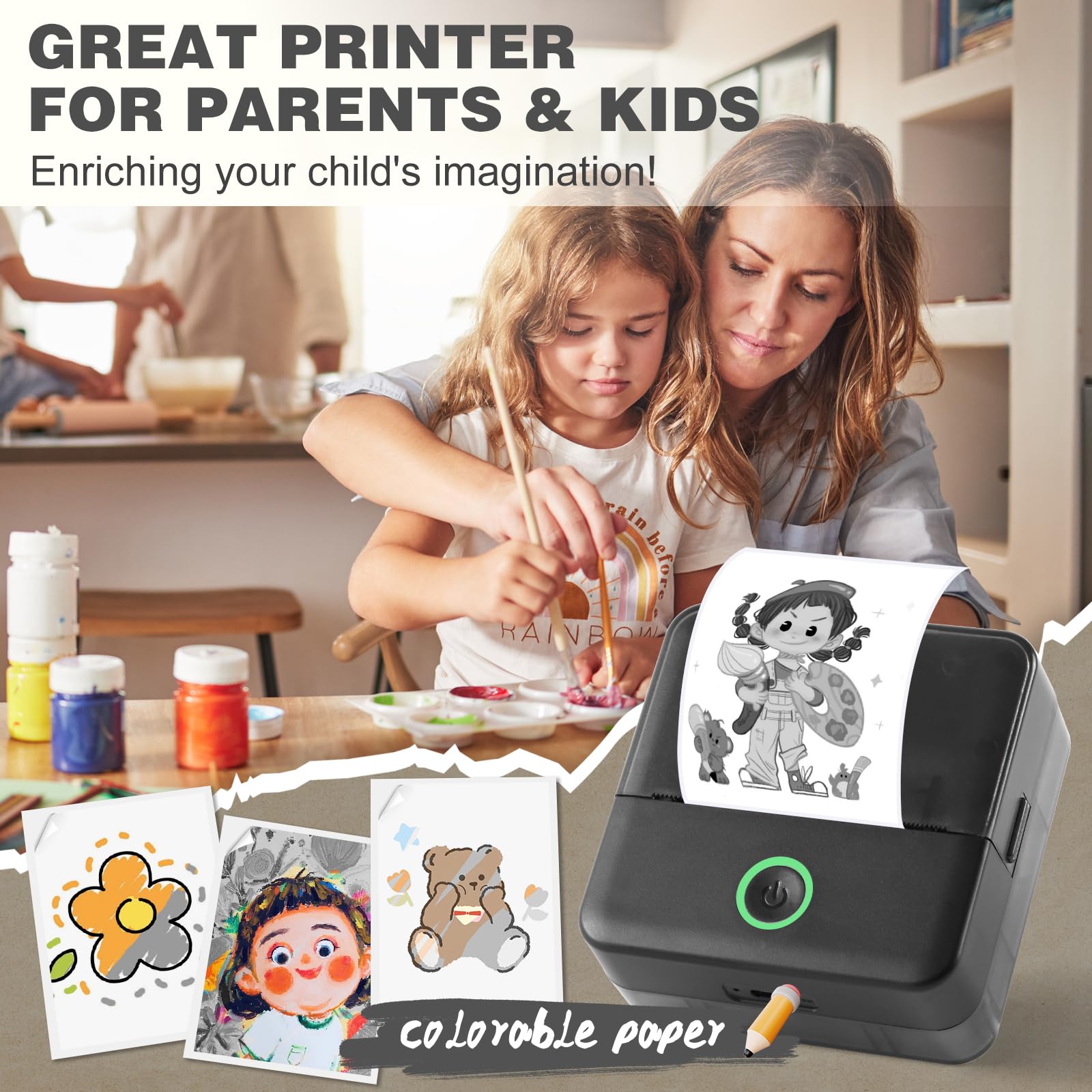 Print Pods Mini Printer - Portable Thermal Inkless Sticker Maker with 10 Rolls Paper for iPhone & Android | Perfect for Notes, Flashcards, Journaling, DIY Crafts, and School Projects | Wireless Pocket Printer for Instant Printing on the Go