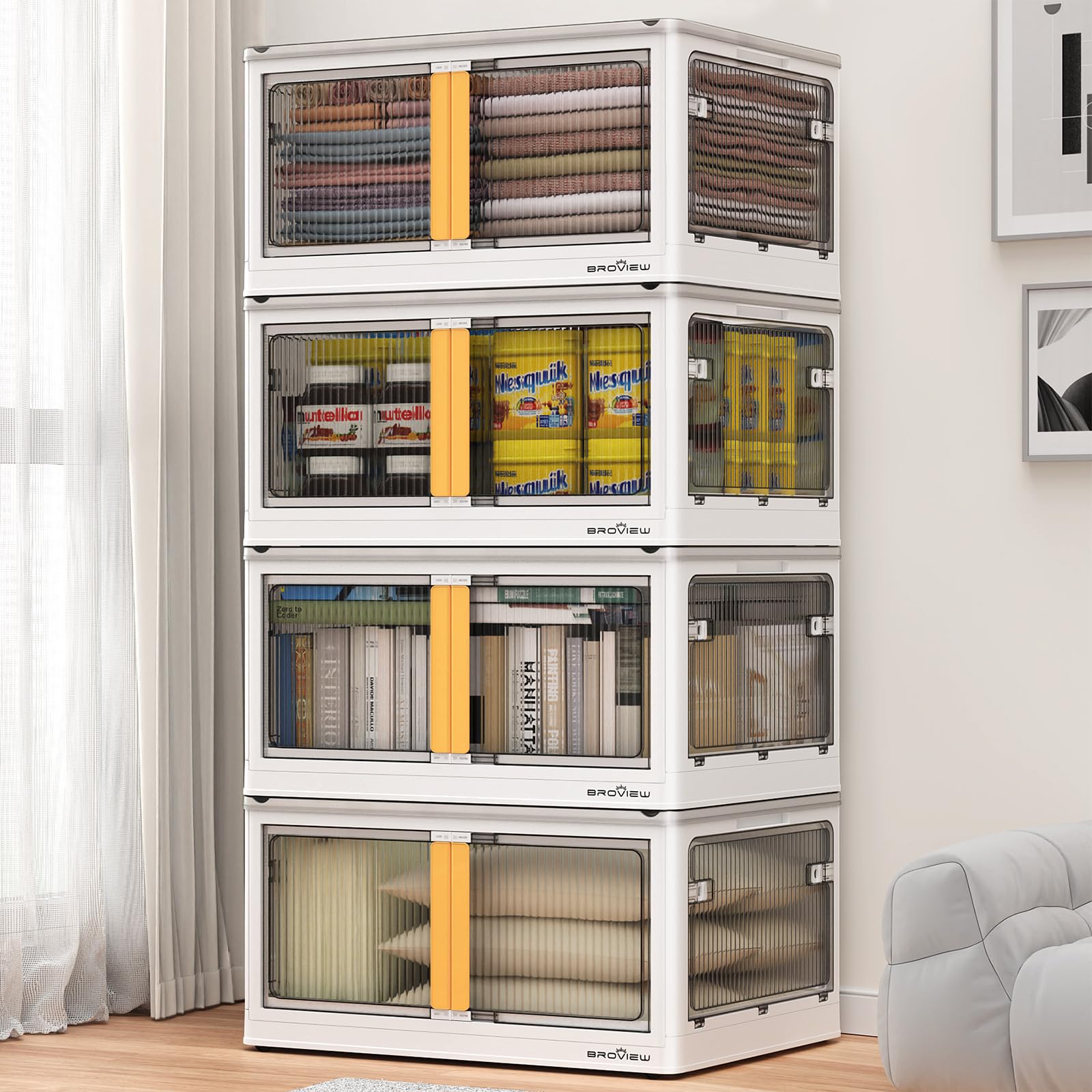 4-Pack Stackable Collapsible Storage Bins with Lids & Wheels - 100 Gallon Plastic Storage Containers with 5 Doors - Foldable Closet Organizers for Home, Garage & Office Organization - White Storage Bins for Shelving, Cabinets & Underbed Storage
