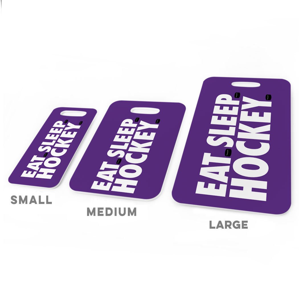Custom Hockey Luggage Tag - Eat Sleep Hockey Design with Personal Info on Back - Small Purple Bag Tag for Travel & Sports Gear