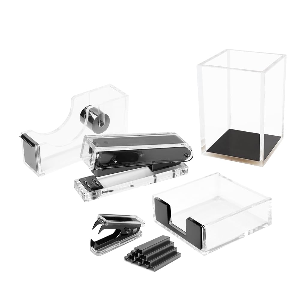 6-Piece Black Acrylic Desk Organizer Set - Stapler, Tape Dispenser, Pen Holder, Sticky Note Holder, Staples Remover with 1000 Staples - Modern Office Supplies for Home & Workspace Organization