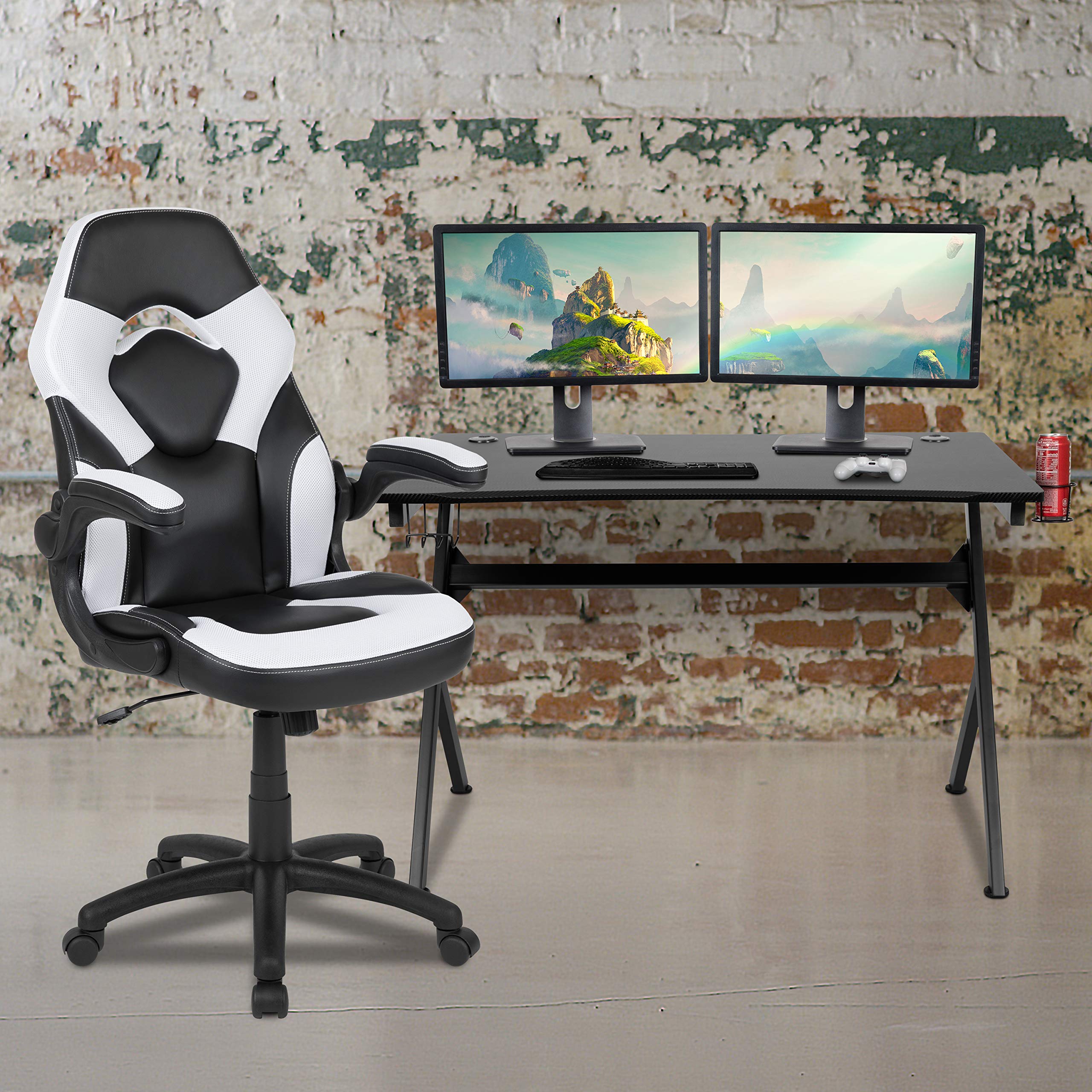 Flash Furniture Optis Black Gaming Desk and White/Black Racing Chair Set with Cup Holder, Headphone Hook & Wire Management - Ergonomic Computer Workstation for Home Office, Streaming & Esports Gaming Setup