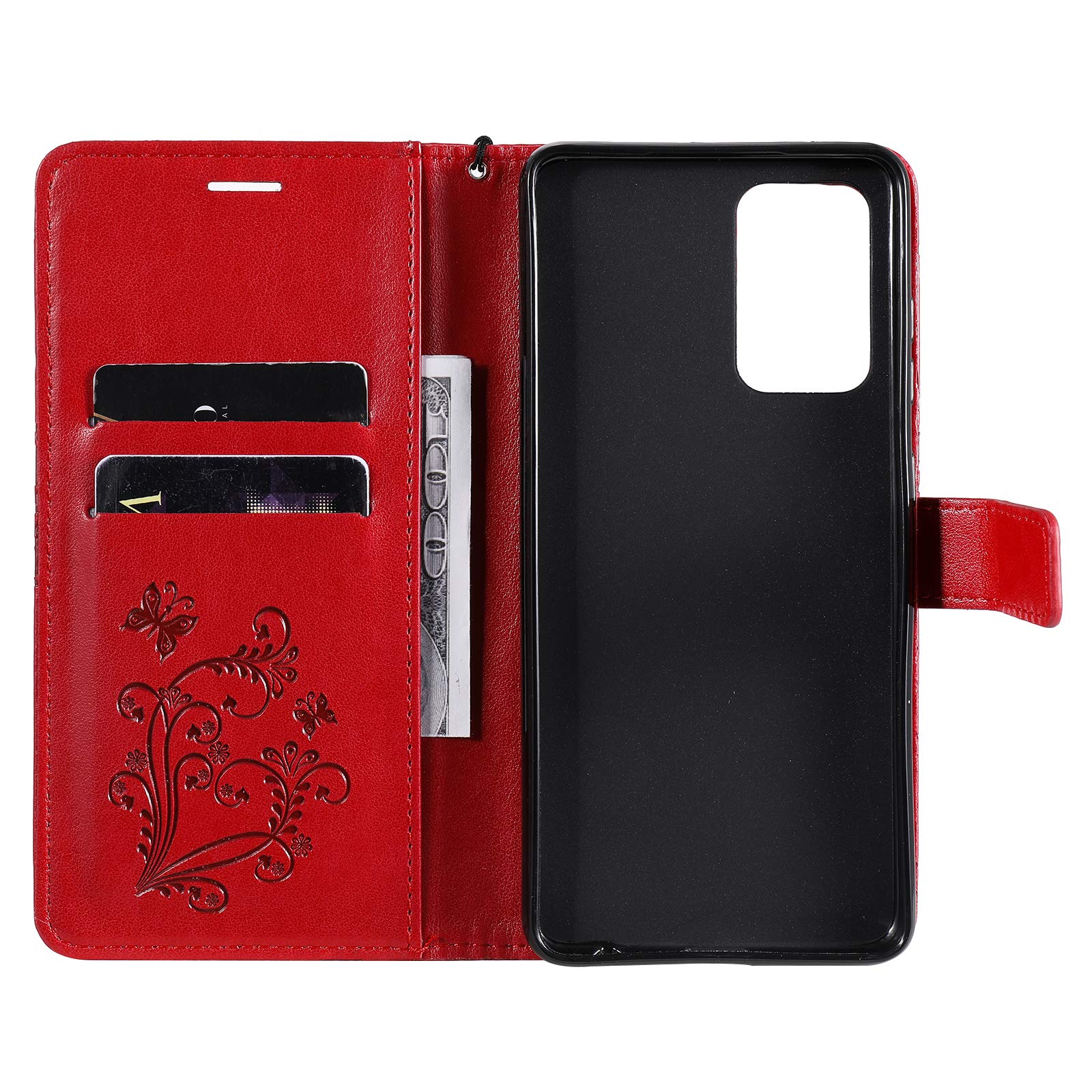 Premium PU Leather Wallet Case for iPhone 12 Pro Max - Embossed Butterfly Design with Credit Card Holder & Kickstand | Flip Folio Cover | Perfect for Business, Travel & Everyday Use (Red)