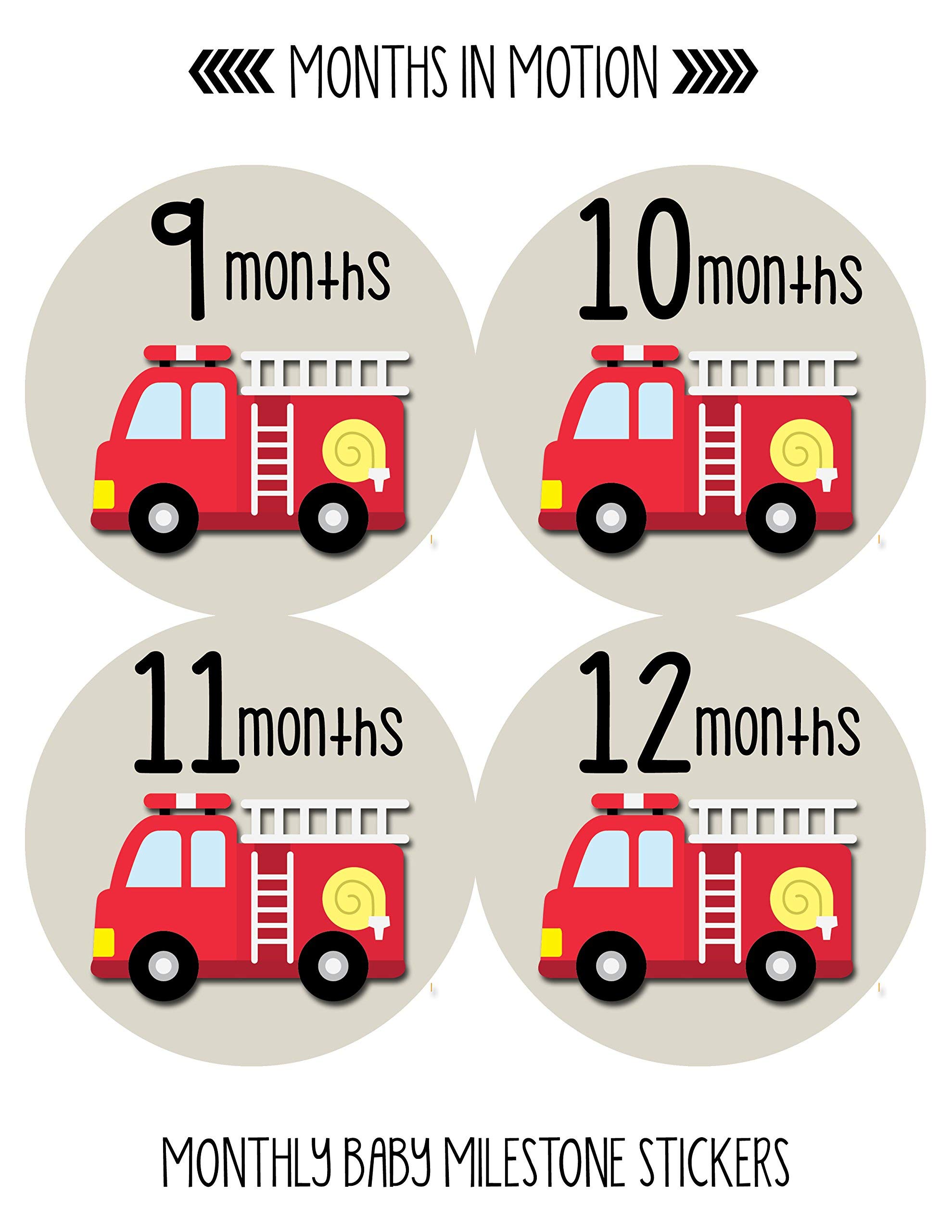 Baby Monthly Milestone Stickers - Fire Truck Design for Boys | Perfect for Photo Props, Baby Books & First Year Memory Keepsakes