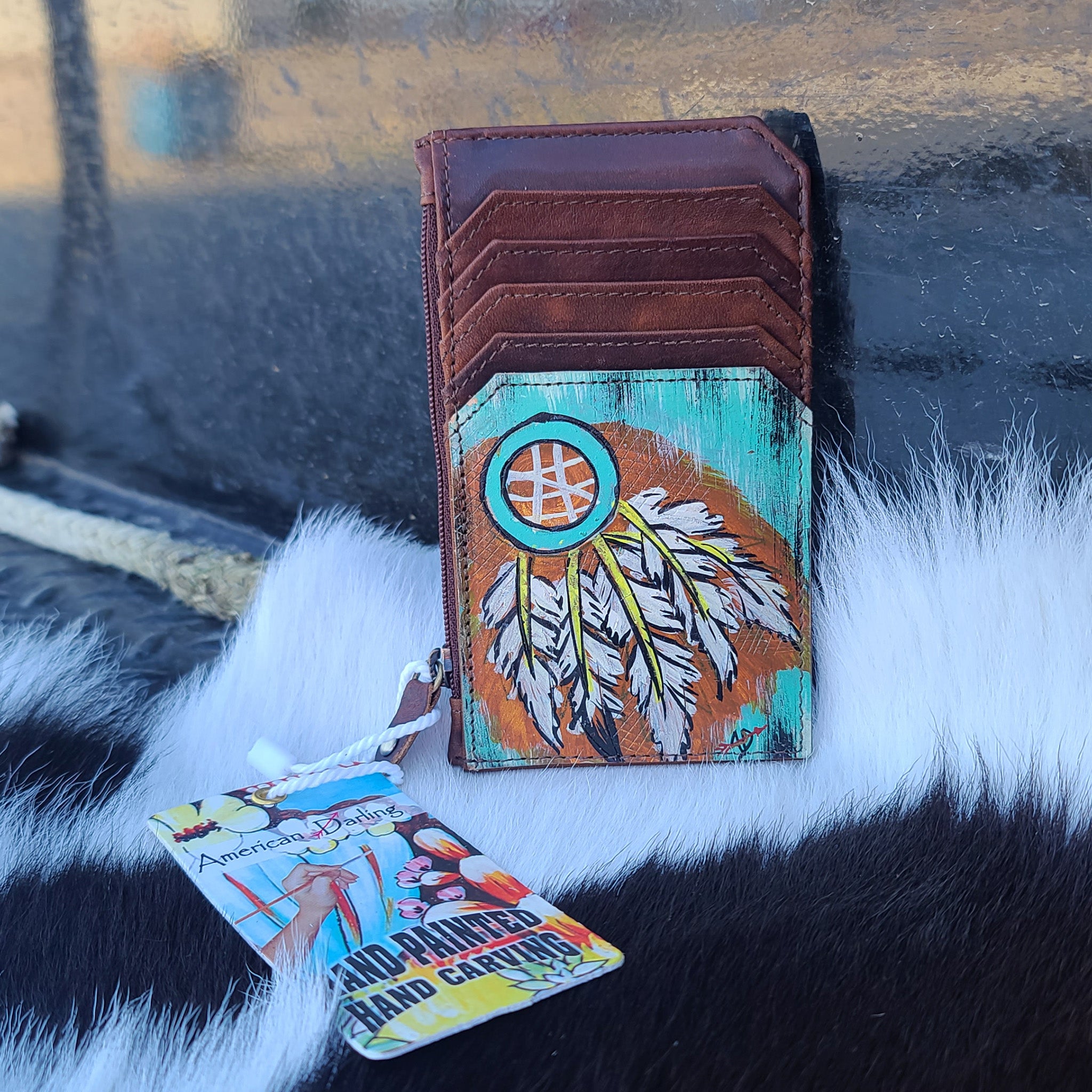 American Darling Painted Feathers Cardholder - Stylish & Compact Wallet for Credit Cards, ID & Cash | Perfect for Women's Night Out, Travel & Everyday Use