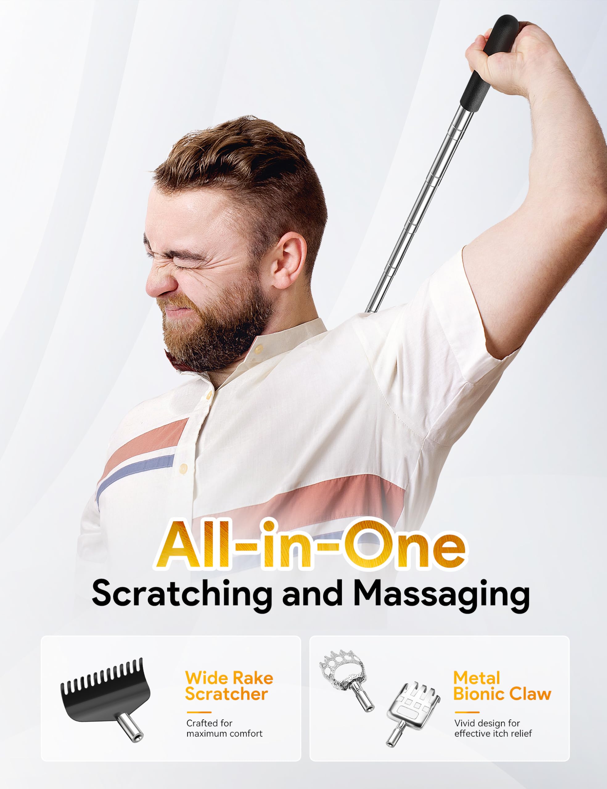 TUKUOS Extendable Back Scratcher with 4 Interchangeable Heads - Adjustable Length Back Scratcher for Men, Women & Dad - Perfect Gift for Itch Relief, Travel & Home Use