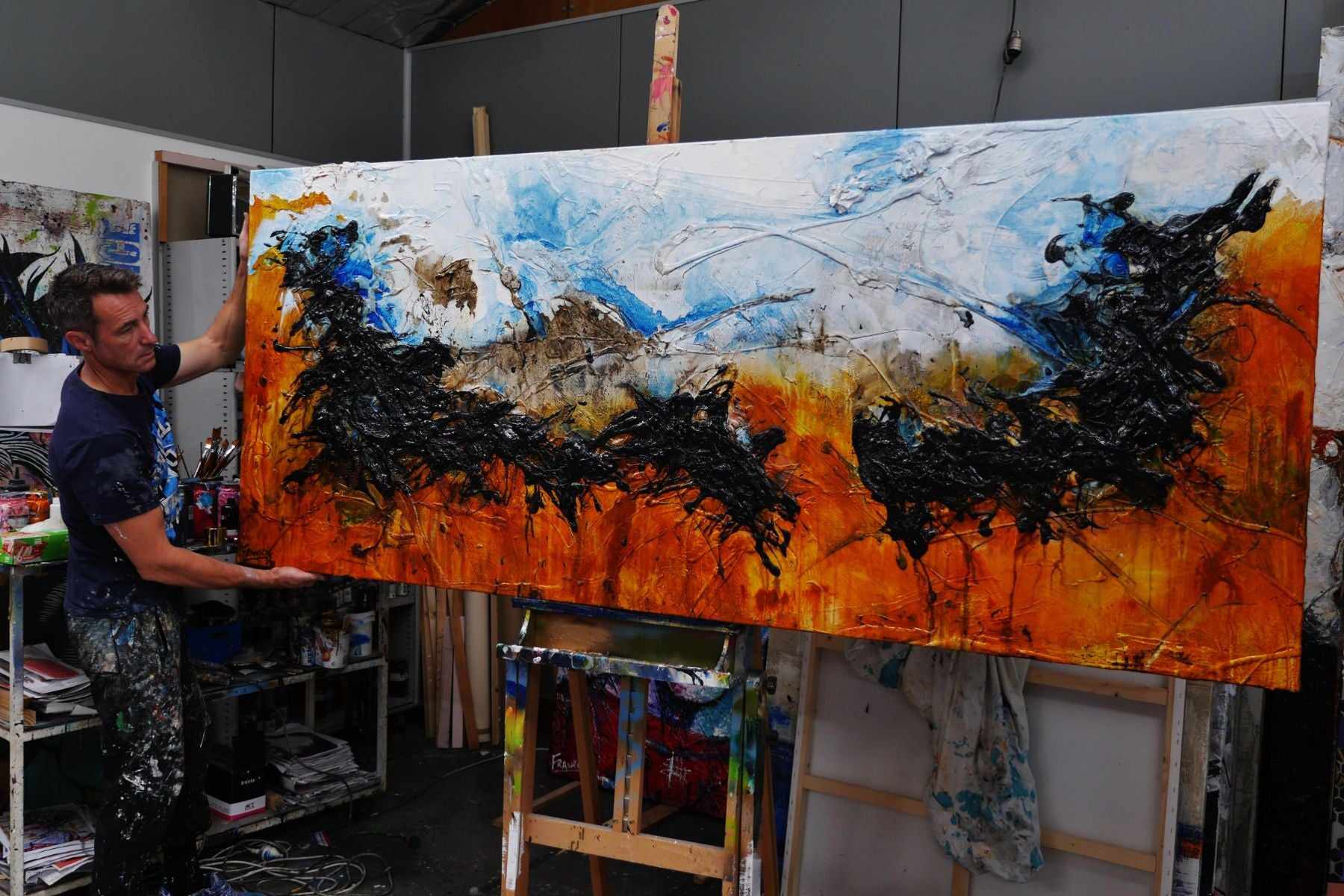 Blue Pools 240cm x 100cm Abstract Canvas Painting in Black, Sienna, White & Blue - Modern Wall Art for Living Room, Bedroom or Office Decor