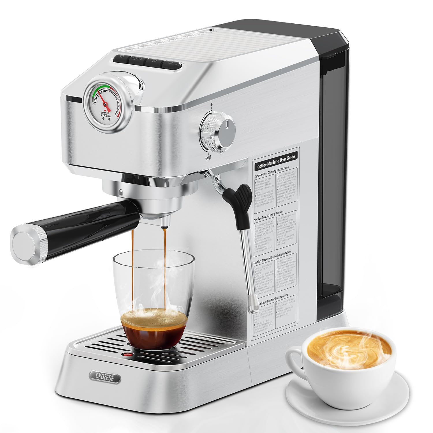 20 Bar ULKA Espresso Machine with NTC Temperature Control - Stainless Steel Coffee Maker for Cappuccino, Latte & Espresso - Includes Milk Frother Steam Wand & 42oz Detachable Water Tank - Perfect for Home Baristas & Coffee Lovers (Silver)