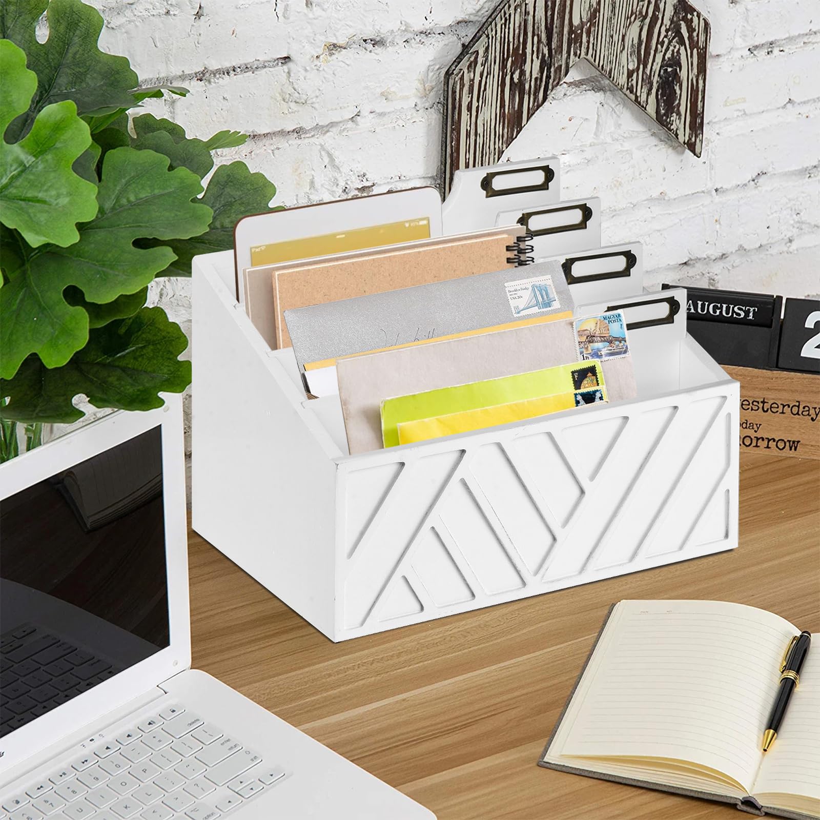 Rustic Wooden Mail Organizer - Wall Mount & Desktop Letter Sorter for Home & Office - White File Holder for Letters, Papers, Bills & Documents - Perfect for Mail Organization, Office Desk & Entryway Storage