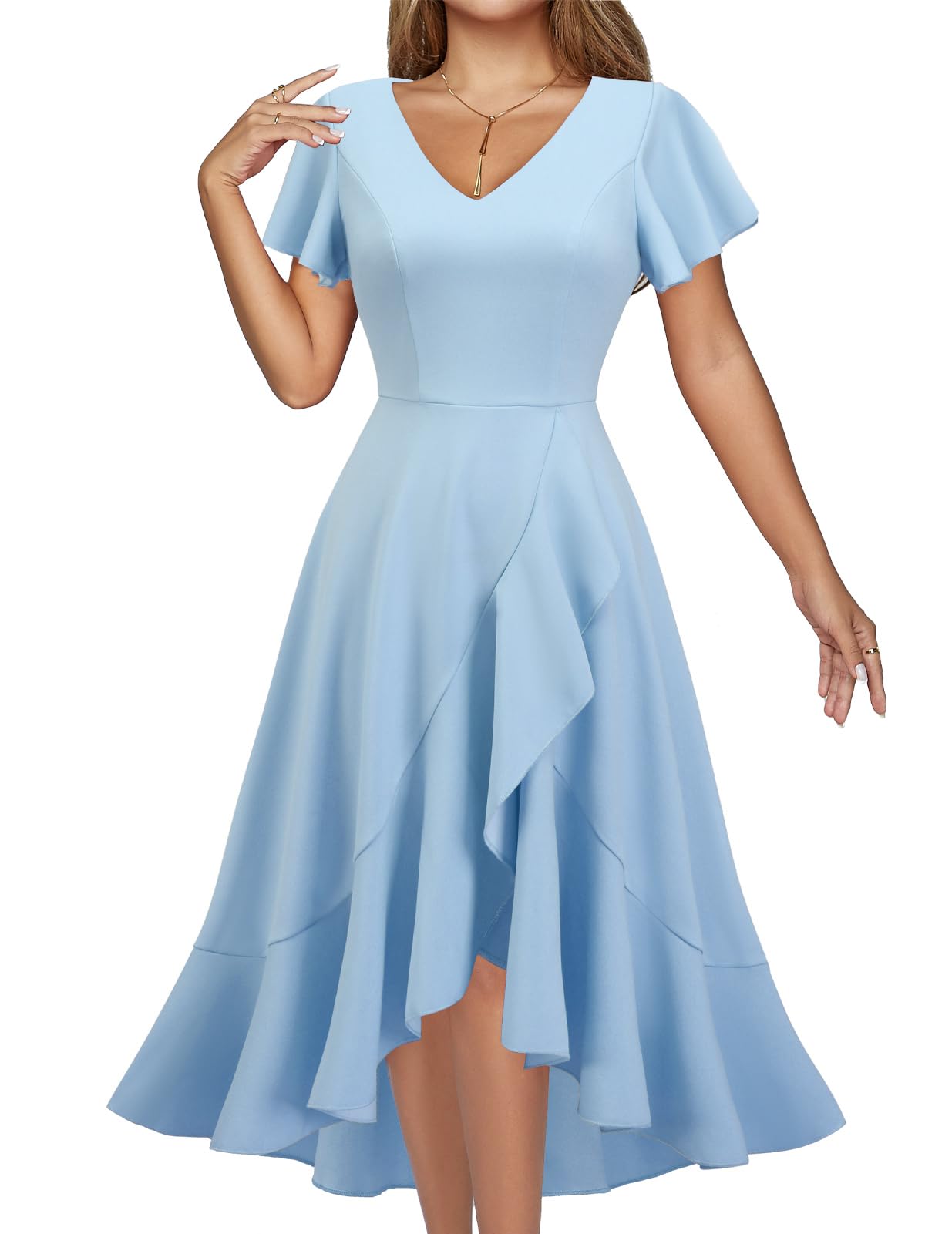 Elegant DRESSTELLS Women's Formal Cocktail Dress 2024 - Ruffled V-Neck Tea Party & Wedding Guest Dress | Perfect for Bridesmaids, Evening Events & Special Occasions