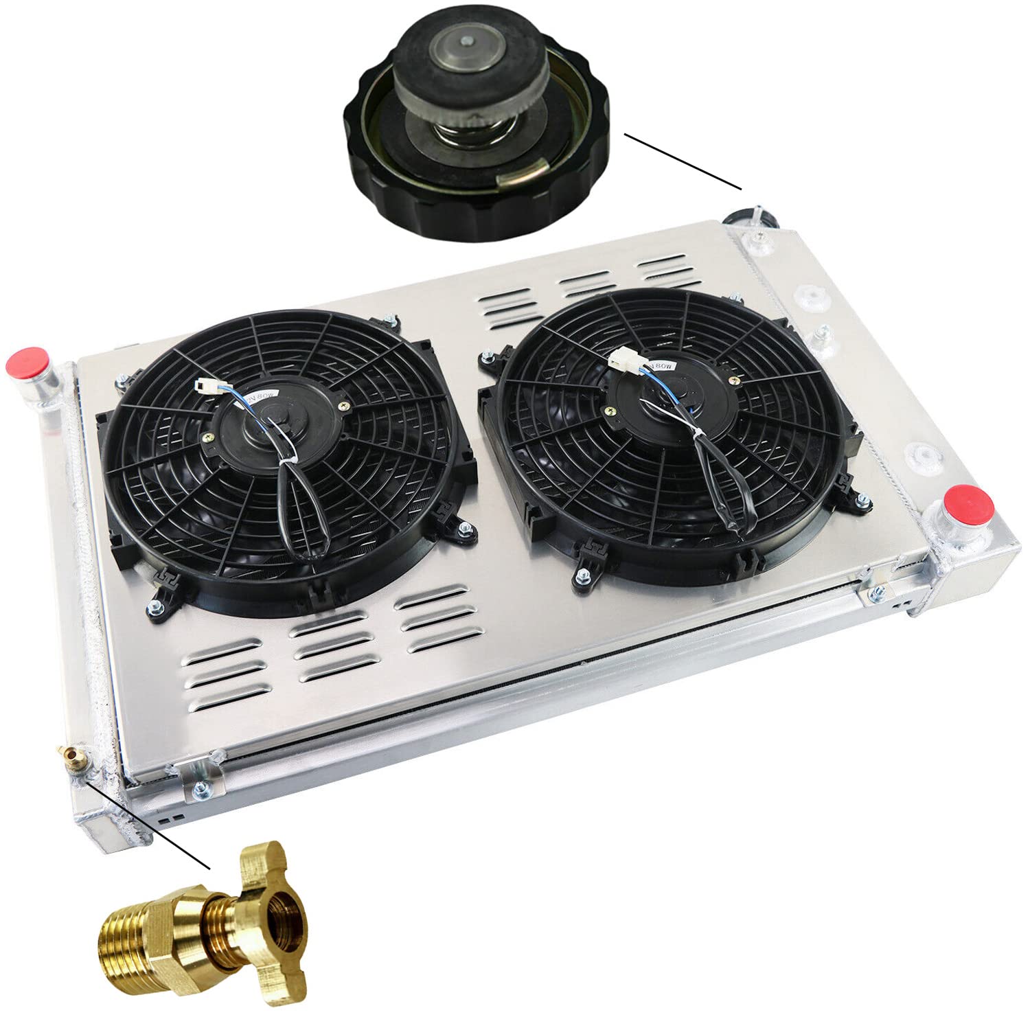 High-Performance 3 Row Aluminum Radiator Shroud with Fan Relay for 1971-1990 Chevy Chevelle, Impala, Caprice, Malibu, C10-C30, K10-K30, Suburban, GMC Jimmy & Buick Lesabre - Perfect for Engine Cooling & Off-Road Adventures