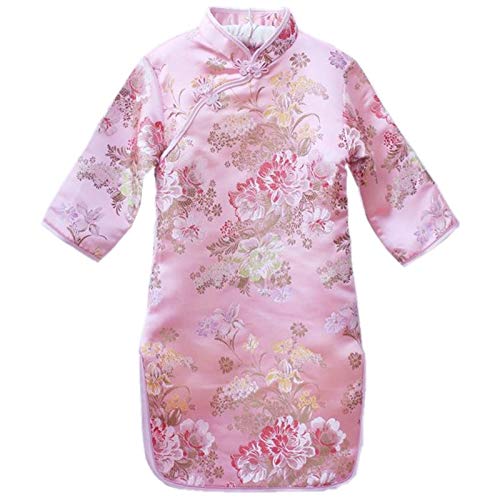 Elegant Chinese Qipao Dress for Girls - Peony Rose Print Half Sleeve Cheongsam for Wedding, Birthday Party & Special Occasions | Princess Costume & Traditional Chinese Dress for Kids