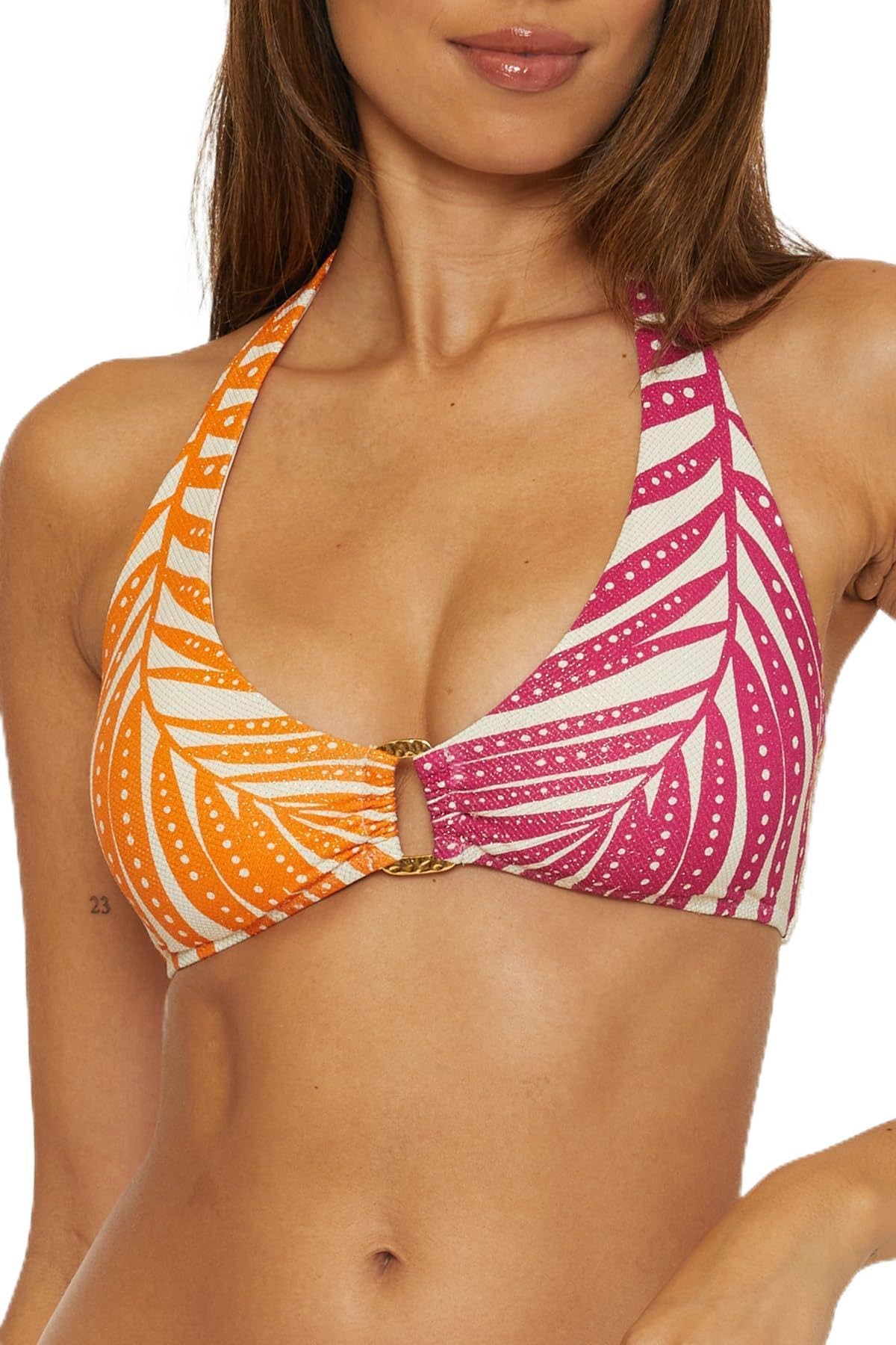 Trina Turk Women's Adjustable Tie-Back Sheer Halter Bikini Top - Tropical Palm Leaf Print Swimwear for Beach, Pool & Vacation | Swimwear Separates