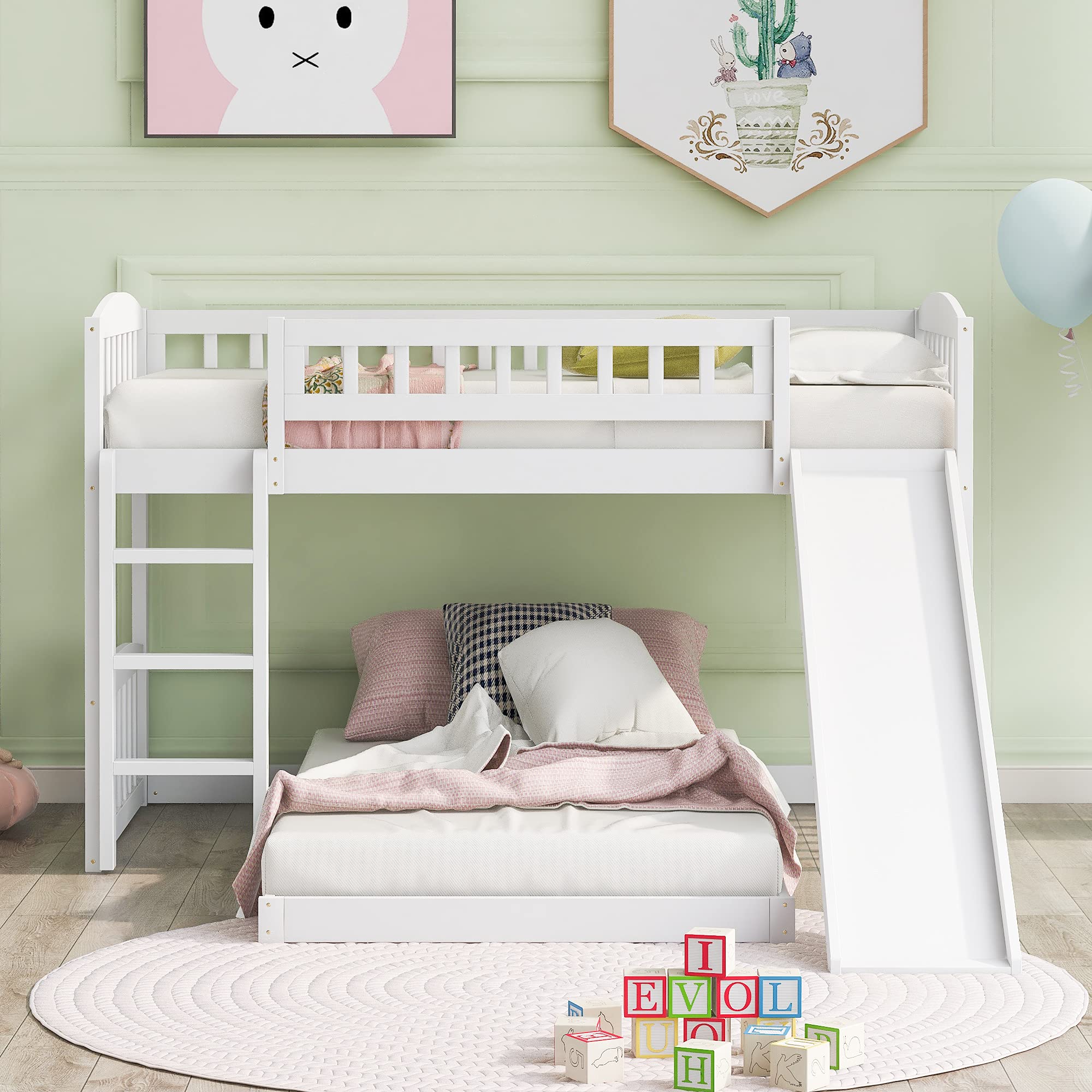 Knocbel Twin Size Low Loft Bed with Floor Platform - White Wooden Bunk Bed with Guardrails, Reversible Slide & Ladder (77.4