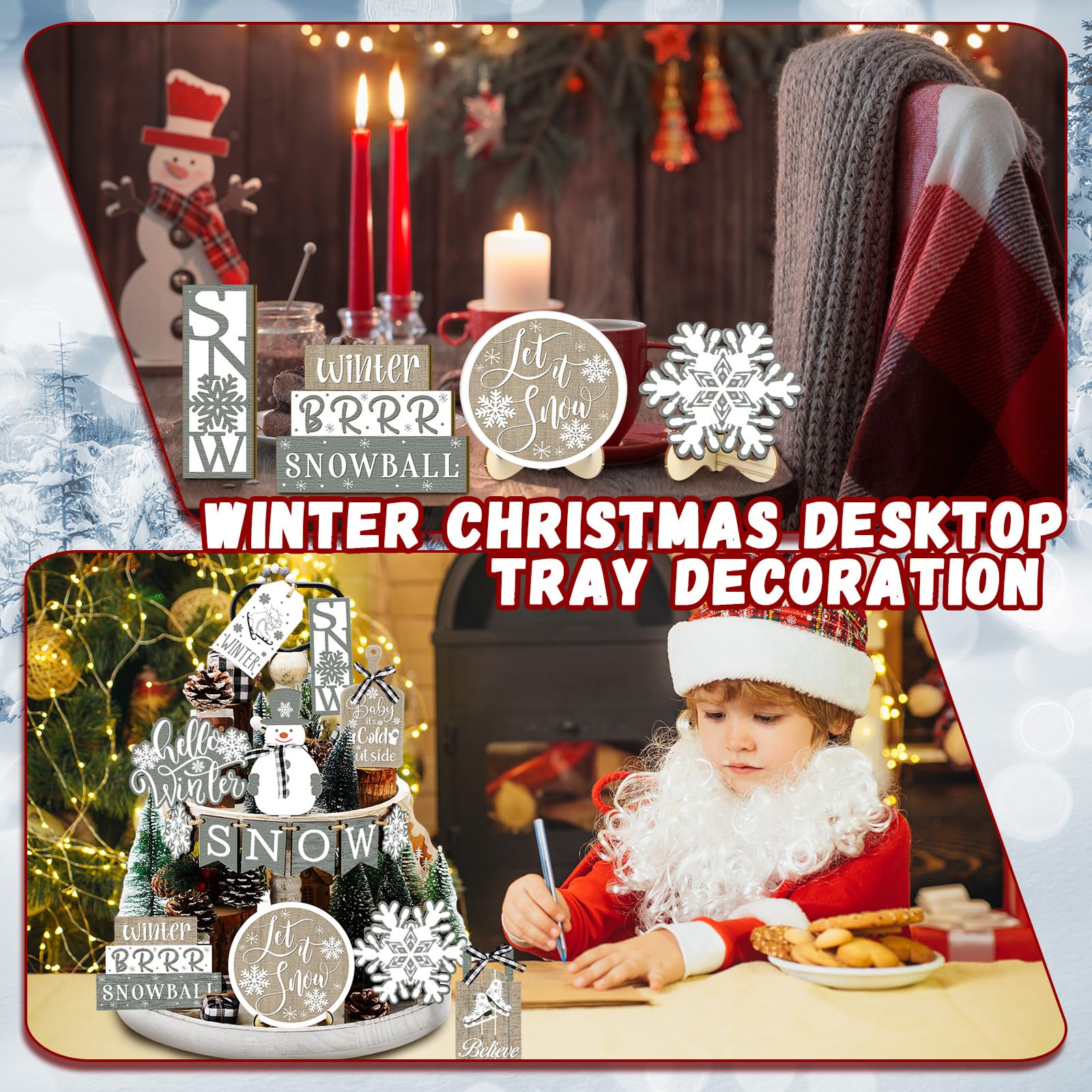 15 Pcs Winter Christmas Tiered Tray Decor Set - Snowman Snowflake Wooden Signs, Farmhouse Holiday Decorations for Table, Shelf, Mantel - Perfect for Home, Office & Seasonal Party Decor