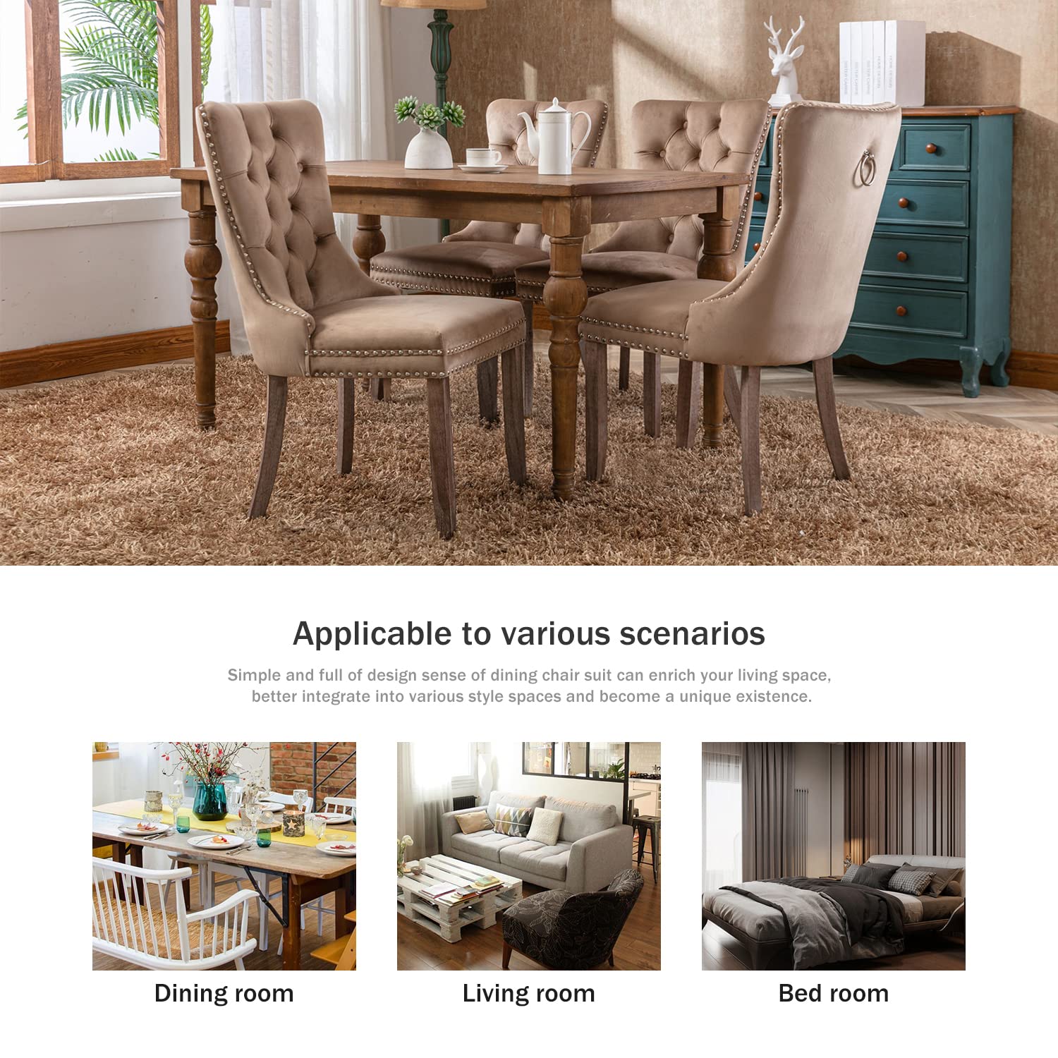 Kiztir Velvet Dining Chairs Set of 4 - Upholstered Tufted Accent Chairs with Ring Pull Trim & Button Back, Modern Luxury Dining Room Chairs for Kitchen, Living Room & Bedroom - Perfect for Home Decor & Dinner Parties (Khaki)