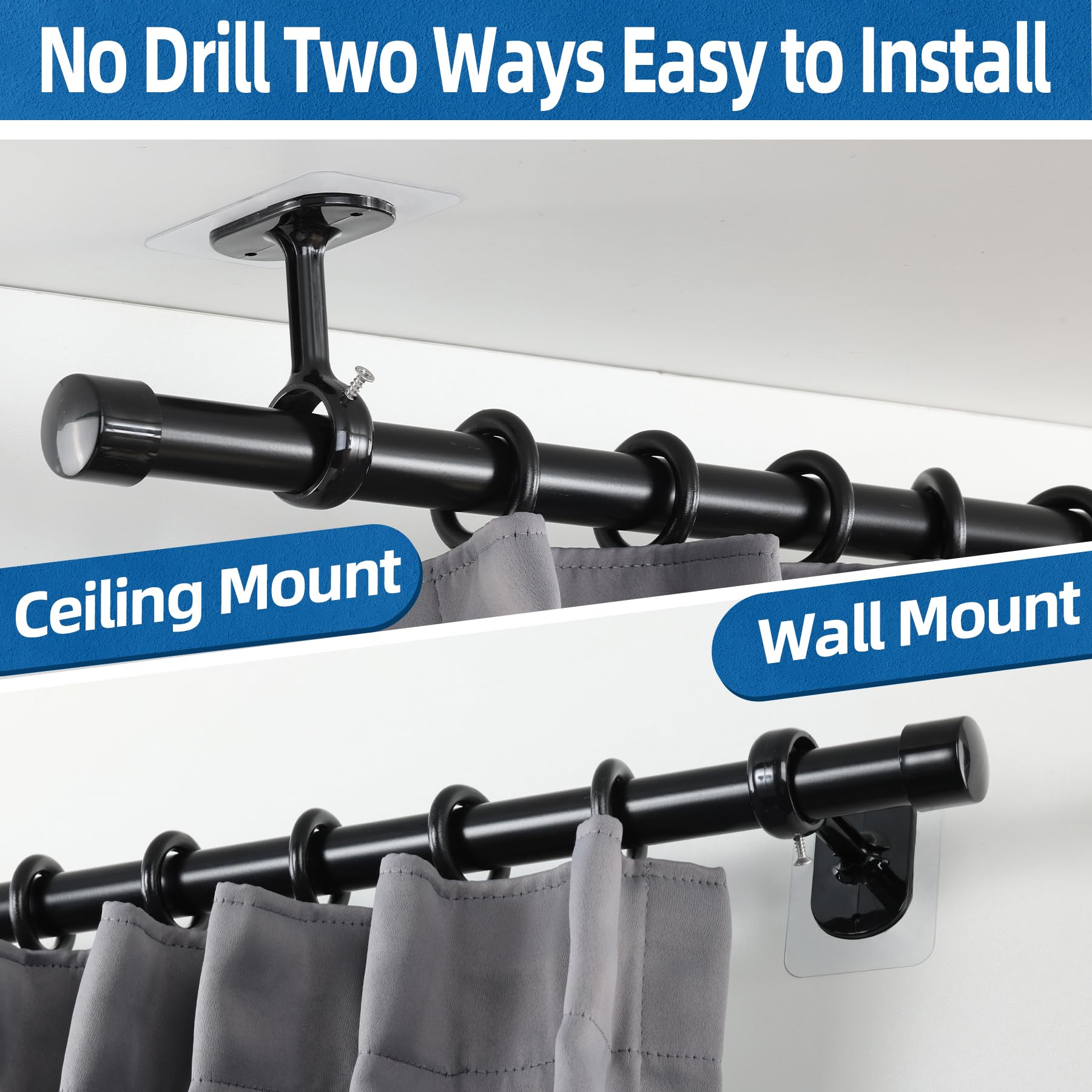 No-Drill Self-Adhesive Curtain Rod Brackets (10 Pack) - Black Adjustable Ceiling Mount Hooks for 1.2