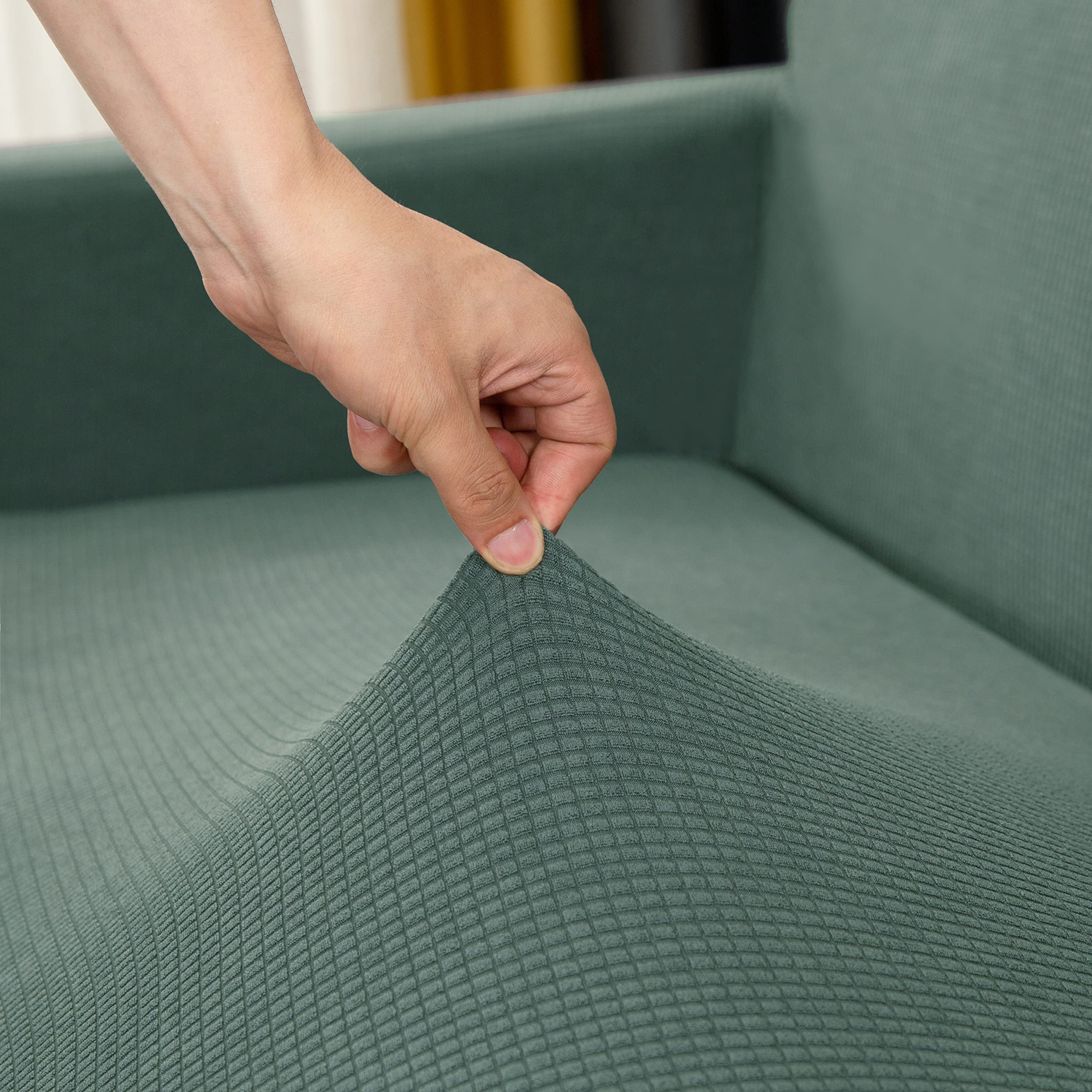 3-Piece Sofa Cover Set - Jacquard Velvet Slipcovers for 1, 2, 3 Seater Couches, Loveseats & Armchairs - Green Furniture Protector for Living Room, Bedroom & Office (Sofa+Loveseat+Armchair)