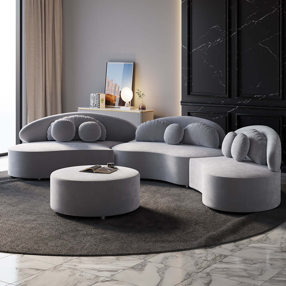 Modern 7-Seat Round Sectional Sofa - Beige Velvet Upholstered with Ottoman & Throw Pillows | Luxury Living Room Furniture for Home Theater & Family Gatherings