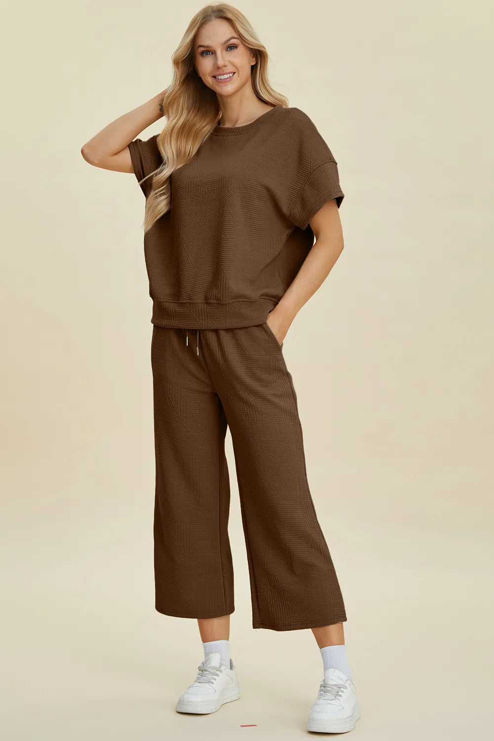 Women's Full Size Textured Round Neck Travel Top and Pants Set - Comfortable Lounge Wear for Airplane, Vacation & Casual Outings