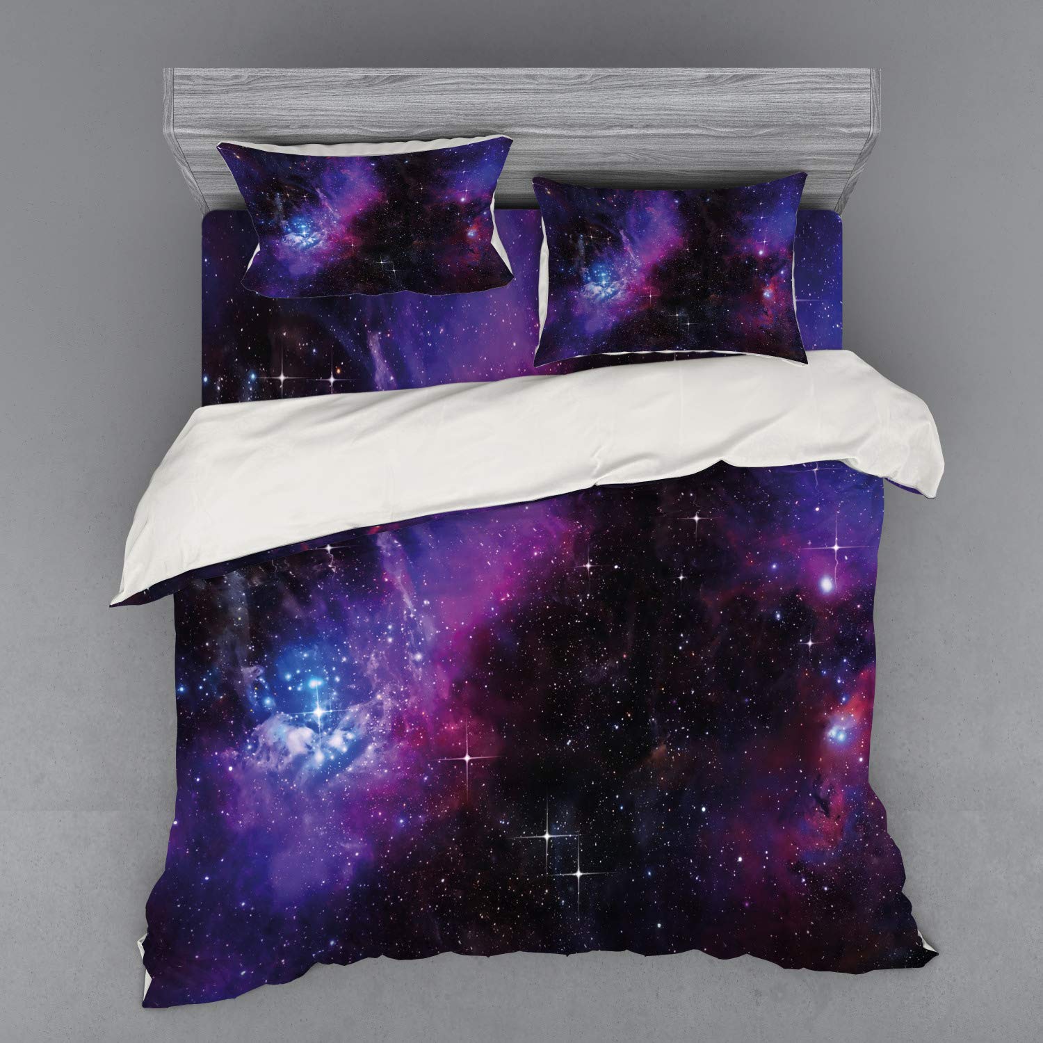 Ambesonne Galaxy Bedding Set - King Size 4-Piece Duvet Cover with Shams & Fitted Sheet, Dark Nebula Space Theme with Glowing Stars & Cosmic Rays, Magenta Blue - Perfect for Astronomy Lovers' Bedroom Decor & Sci-Fi Themed Rooms