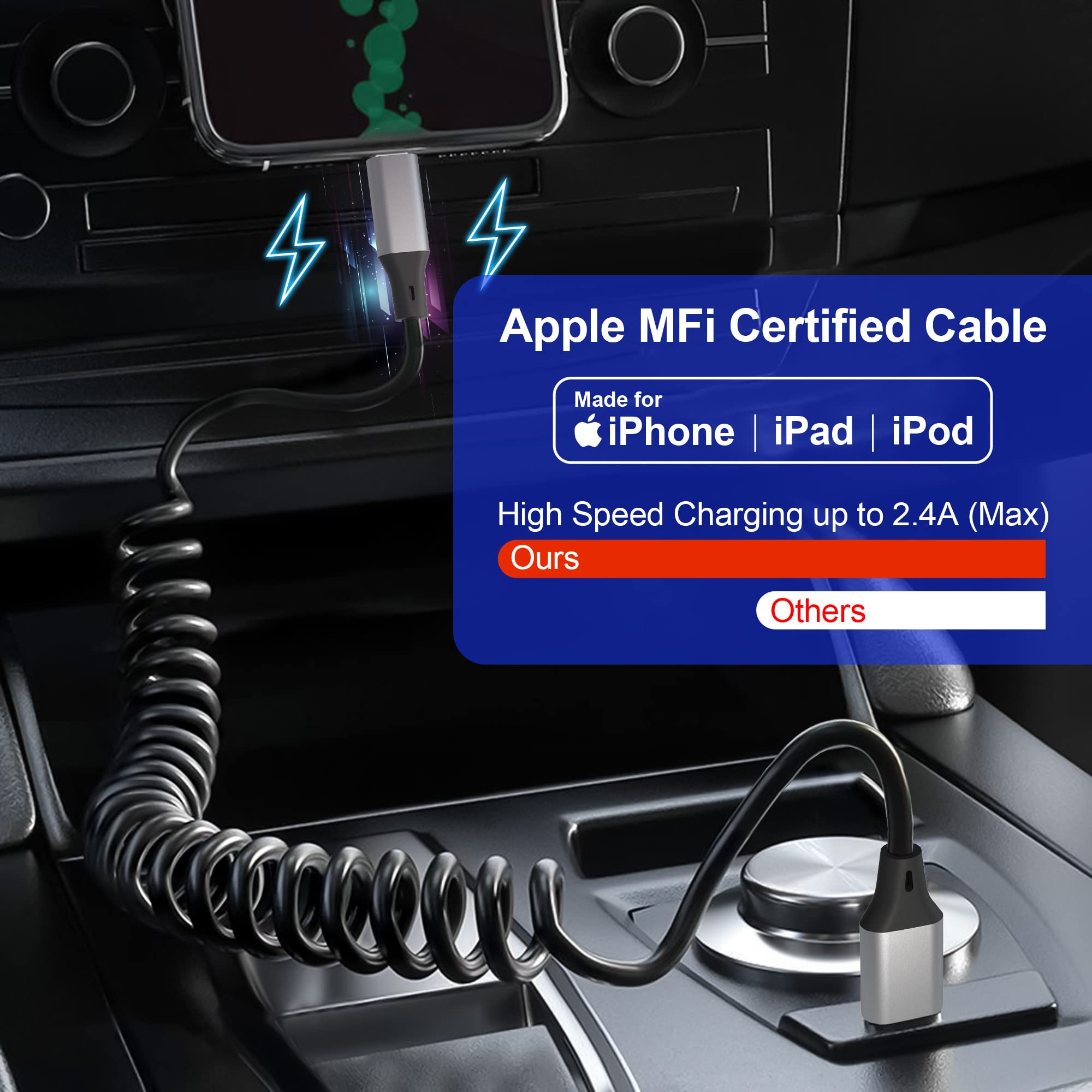 Apple MFi Certified Coiled Lightning Cable - USB to Lightning Charger Cord with Data Sync, Retractable iPhone Charger for iPhone/iPad/iPod (Compatible with Apple CarPlay) - Perfect for Car Charging, Home & Office Use