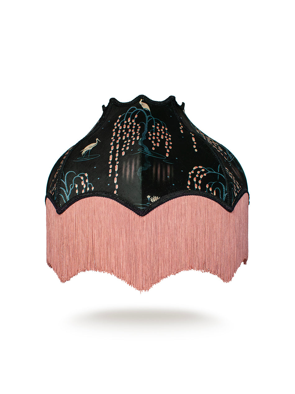 Kyoto Blossom 'Black Cherry' Fringed Lampshade - Elegant Japanese Style Home Decor for Bedroom, Living Room & Boho Chic Interior Design