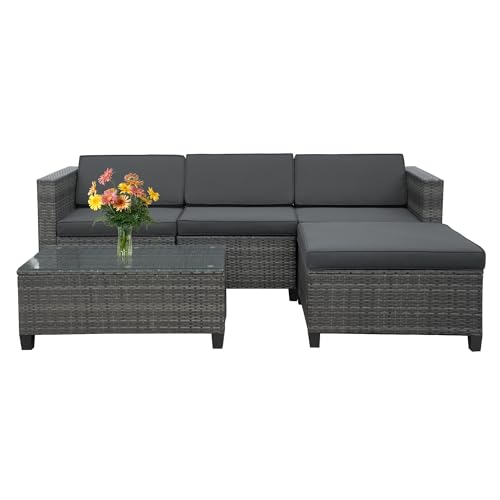5-Piece Outdoor Patio Sectional Furniture Set - Weather-Resistant Rattan Sofa with Waterproof Cushions - Perfect for Balcony, Porch, Backyard, Deck & Garden (Grey) - Ideal for Entertaining, Relaxing & Outdoor Gatherings