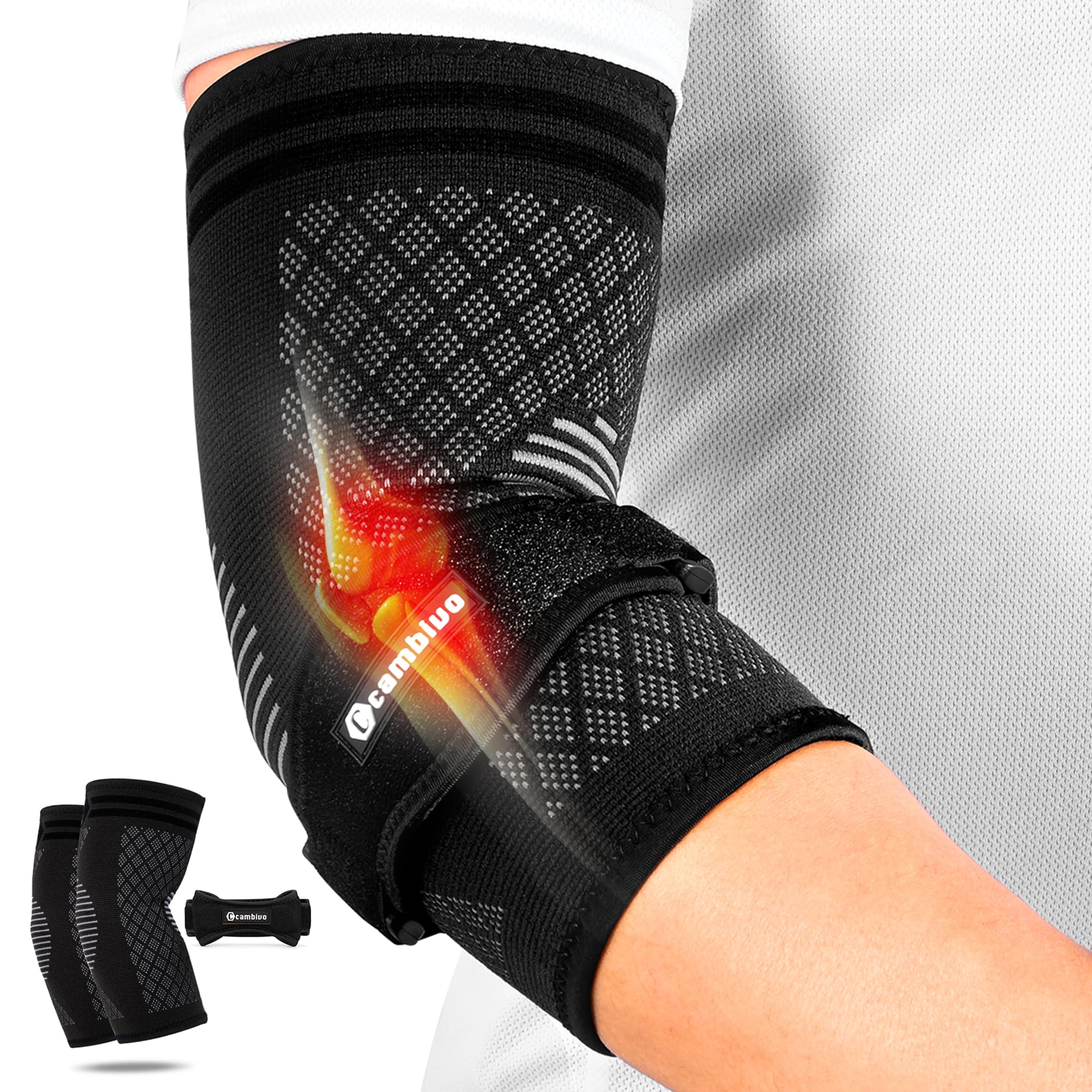 CAMBIVO Tennis Elbow Brace Set - 2Pcs Compression Elbow Sleeves & 1Pcs Adjustable Support Strap for Men & Women - Pain Relief for Tennis Elbow, Golfer's Elbow & Tendonitis - Perfect for Sports, Gym & Daily Activities (Black, Small)